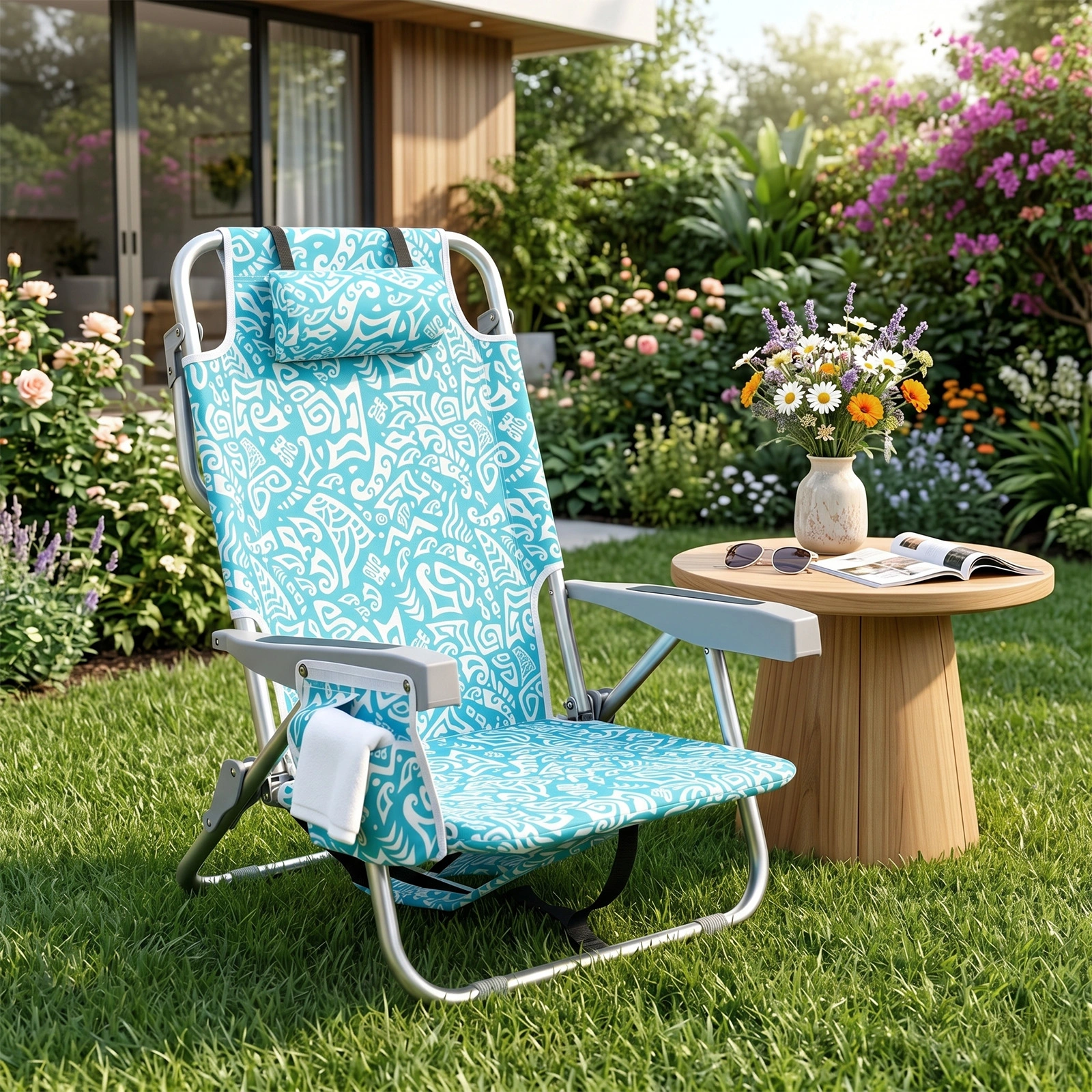 1 PCS Aluminum Beach Chair, 8.5 Inch Seat Height Teal Tribal Pattern, Adjustable Folding Chair with Headrest, Shoulder Strap, 2-in-1 Cup Holder Side Pocket, Back Cooler Bag, Integrated Oxford Fabric with Crossbar, 5 Positions Reclining Lounger, 63x10 view 23