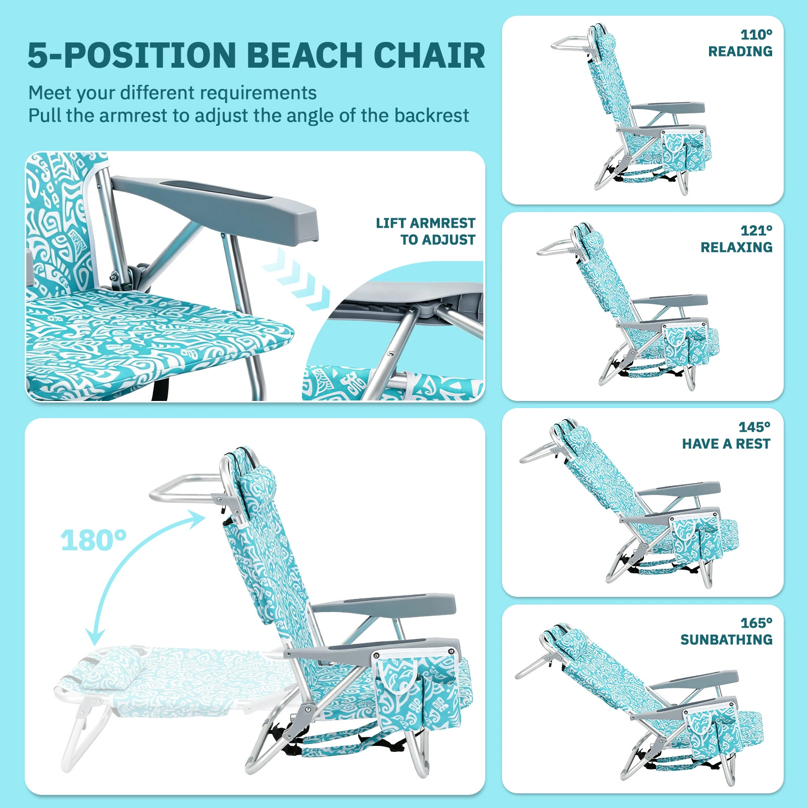 1 PCS Aluminum Beach Chair, 8.5 Inch Seat Height Teal Tribal Pattern, Adjustable Folding Chair with Headrest, Shoulder Strap, 2-in-1 Cup Holder Side Pocket, Back Cooler Bag, Integrated Oxford Fabric with Crossbar, 5 Positions Reclining Lounger, 63x10 view 3