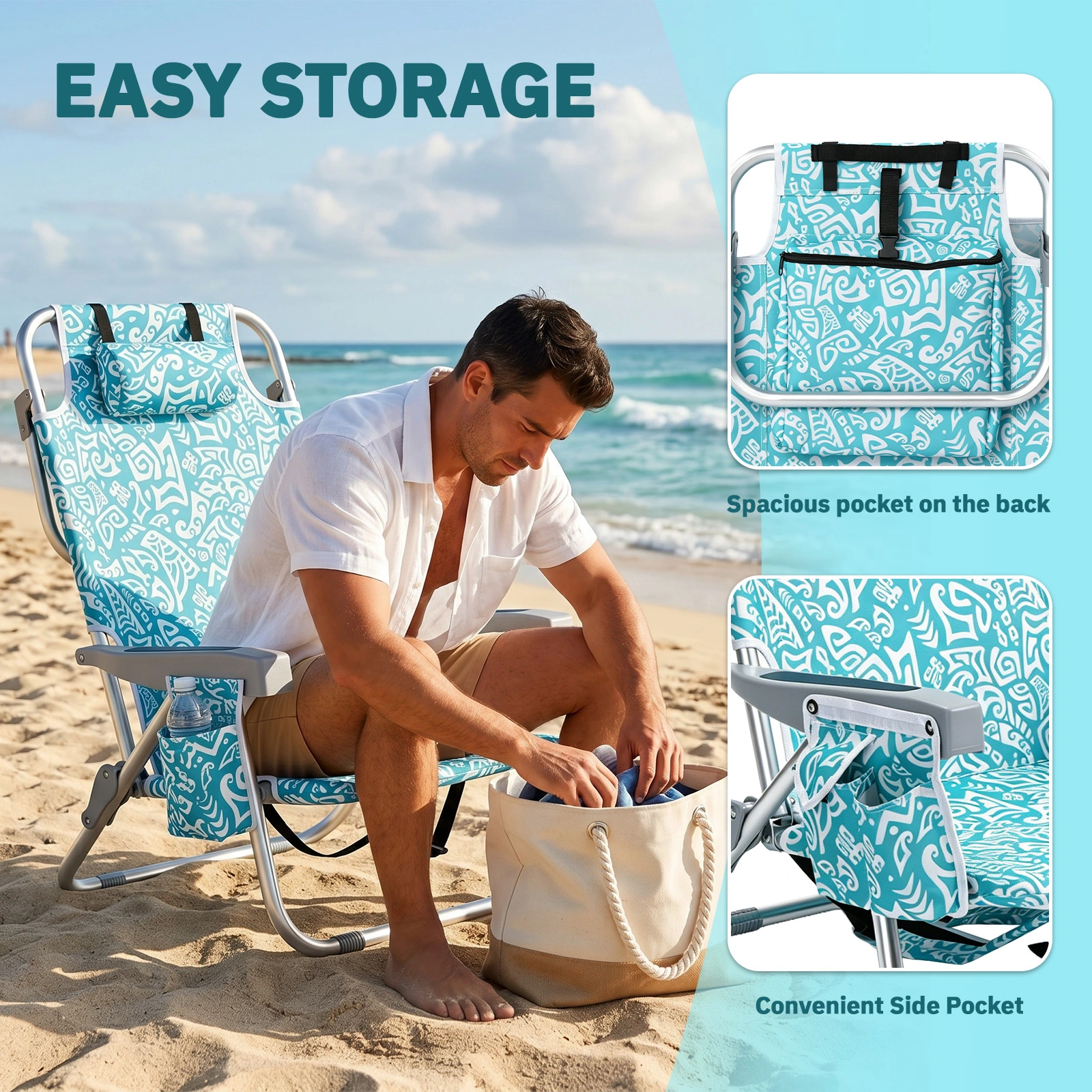 1 PCS Aluminum Beach Chair, 8.5 Inch Seat Height Teal Tribal Pattern, Adjustable Folding Chair with Headrest, Shoulder Strap, 2-in-1 Cup Holder Side Pocket, Back Cooler Bag, Integrated Oxford Fabric with Crossbar, 5 Positions Reclining Lounger, 63x10 view 4