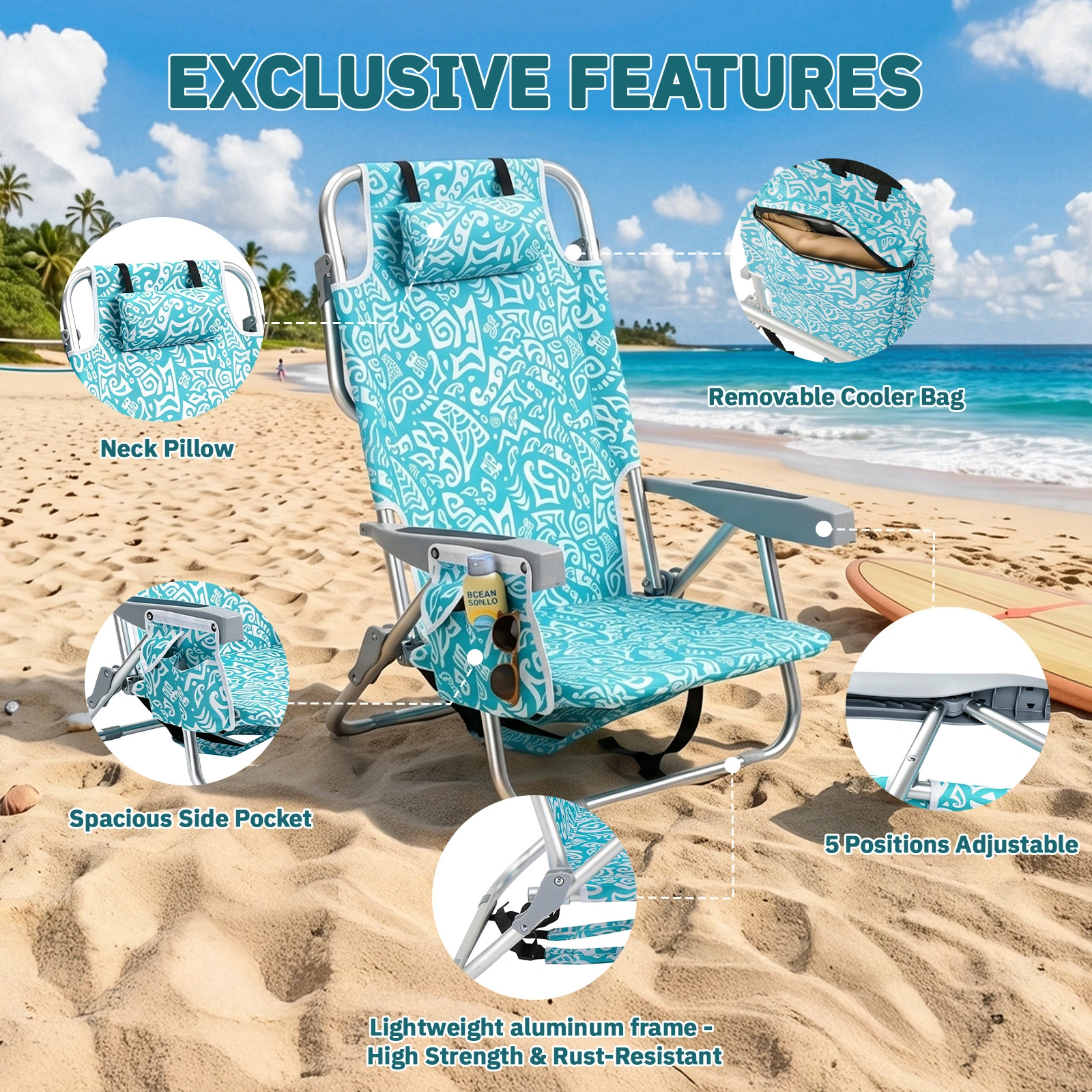 1 PCS Aluminum Beach Chair, 8.5 Inch Seat Height Teal Tribal Pattern, Adjustable Folding Chair with Headrest, Shoulder Strap, 2-in-1 Cup Holder Side Pocket, Back Cooler Bag, Integrated Oxford Fabric with Crossbar, 5 Positions Reclining Lounger, 63x10 view 6