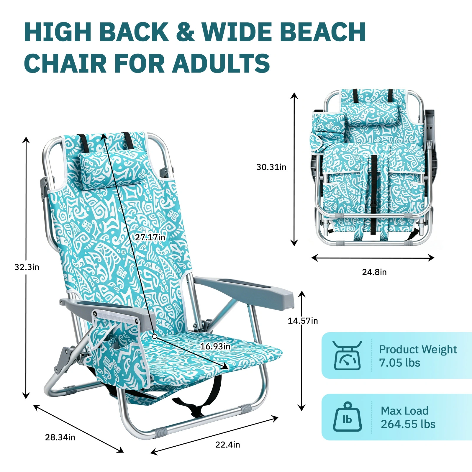 1 PCS Aluminum Beach Chair, 8.5 Inch Seat Height Teal Tribal Pattern, Adjustable Folding Chair with Headrest, Shoulder Strap, 2-in-1 Cup Holder Side Pocket, Back Cooler Bag, Integrated Oxford Fabric with Crossbar, 5 Positions Reclining Lounger, 63x10 view 7