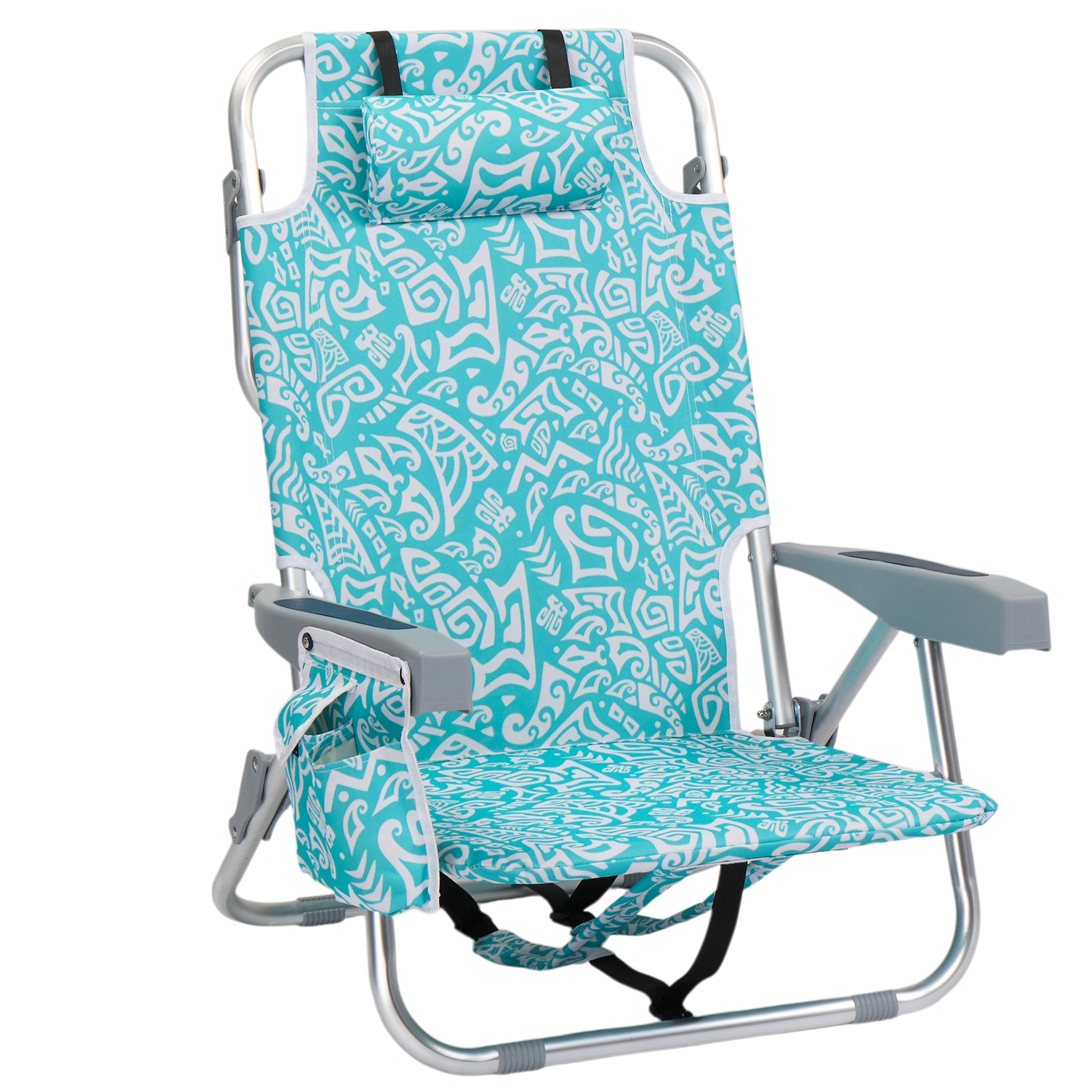 1 PCS Aluminum Beach Chair, 8.5 Inch Seat Height Teal Tribal Pattern, Adjustable Folding Chair with Headrest, Shoulder Strap, 2-in-1 Cup Holder Side Pocket, Back Cooler Bag, Integrated Oxford Fabric with Crossbar, 5 Positions Reclining Lounger, 63x10 view 9