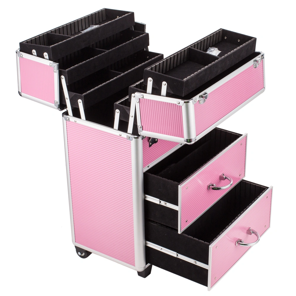 4 Tier Lockable Cosmetic Makeup Train Case with Extendable Trays Pink view 11