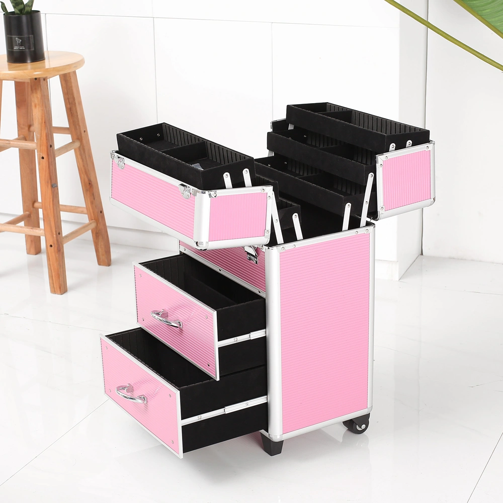 4 Tier Lockable Cosmetic Makeup Train Case with Extendable Trays Pink view 12