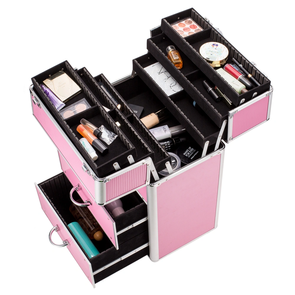 4 Tier Lockable Cosmetic Makeup Train Case with Extendable Trays Pink view 7