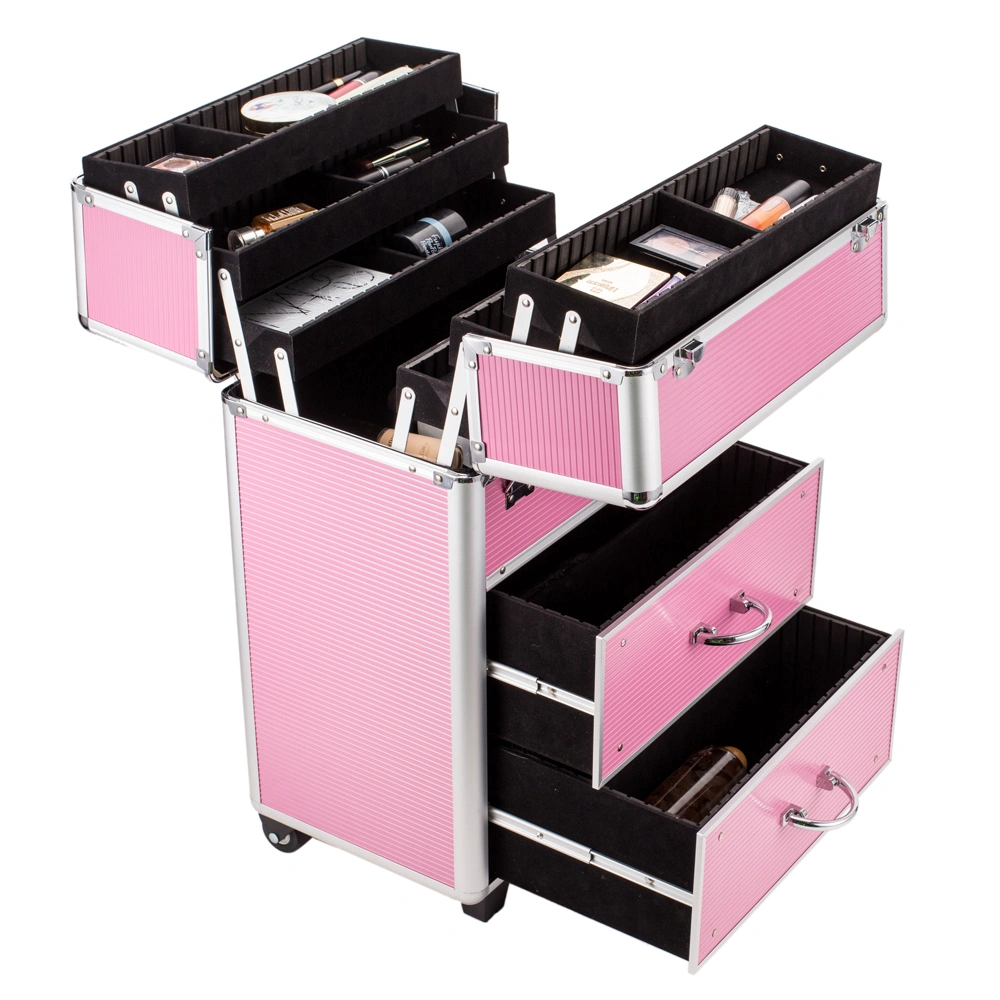 4 Tier Lockable Cosmetic Makeup Train Case with Extendable Trays Pink view 8