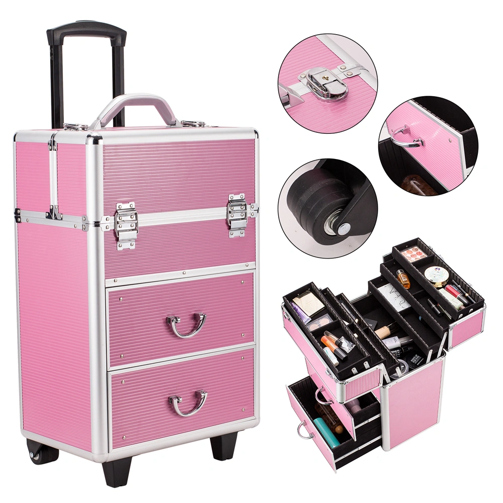 4 Tier Lockable Cosmetic Makeup Train Case with Extendable Trays Pink view 9