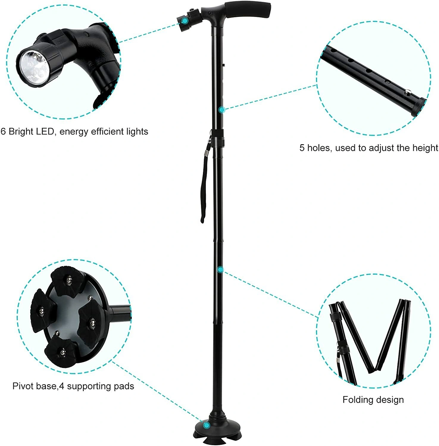 5-Levels Adjustable Height Walking Stick Portable Foldable Cane Travel Camping Hiking Walking Cane w/LED Light (US Logistics For USPS/DHL/Fedex/UPS. No designated logistics accepted,TK/TMEU only For self-pickup) view 4