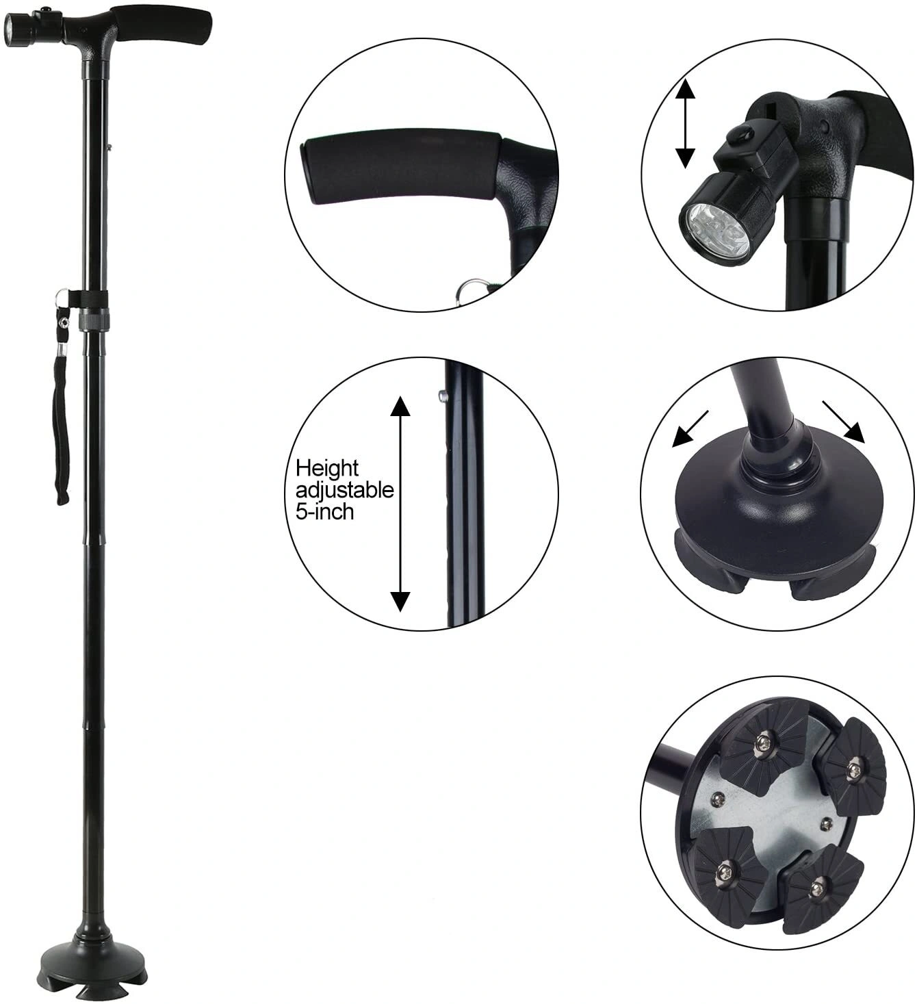 5-Levels Adjustable Height Walking Stick Portable Foldable Cane Travel Camping Hiking Walking Cane w/LED Light (US Logistics For USPS/DHL/Fedex/UPS. No designated logistics accepted,TK/TMEU only For self-pickup) view 5