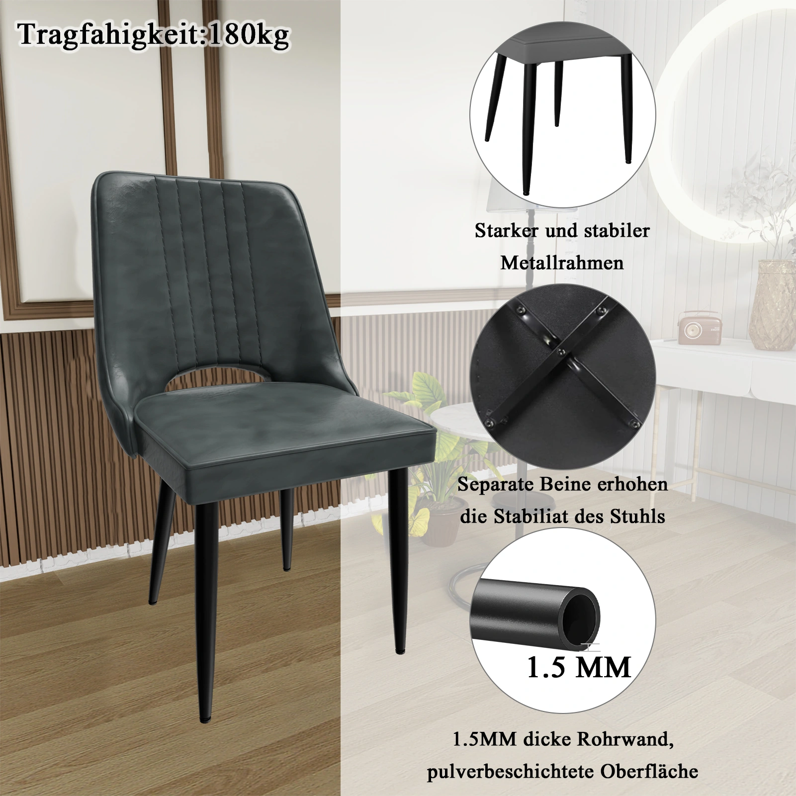 6 Pack Dining Chairs Set, Faux Leather High Back Chairs, Padded Kitchen Chairs with Metal Legs for Living Room view 3