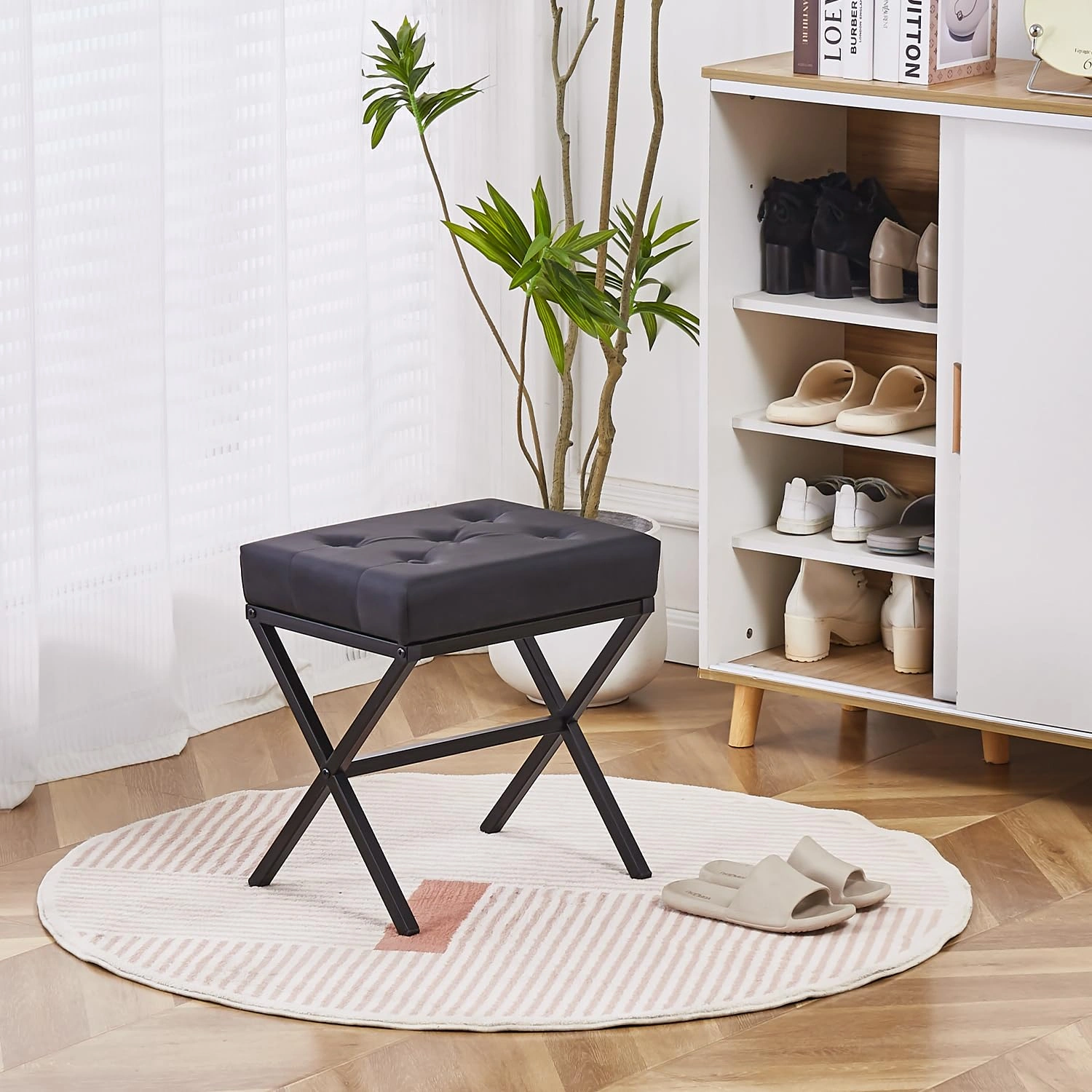 Tufted Ottoman Foot Stool White Faux Leather Thickened Cushion Vanity Seat with Metal X Legs for Living Room Bedroom view 3