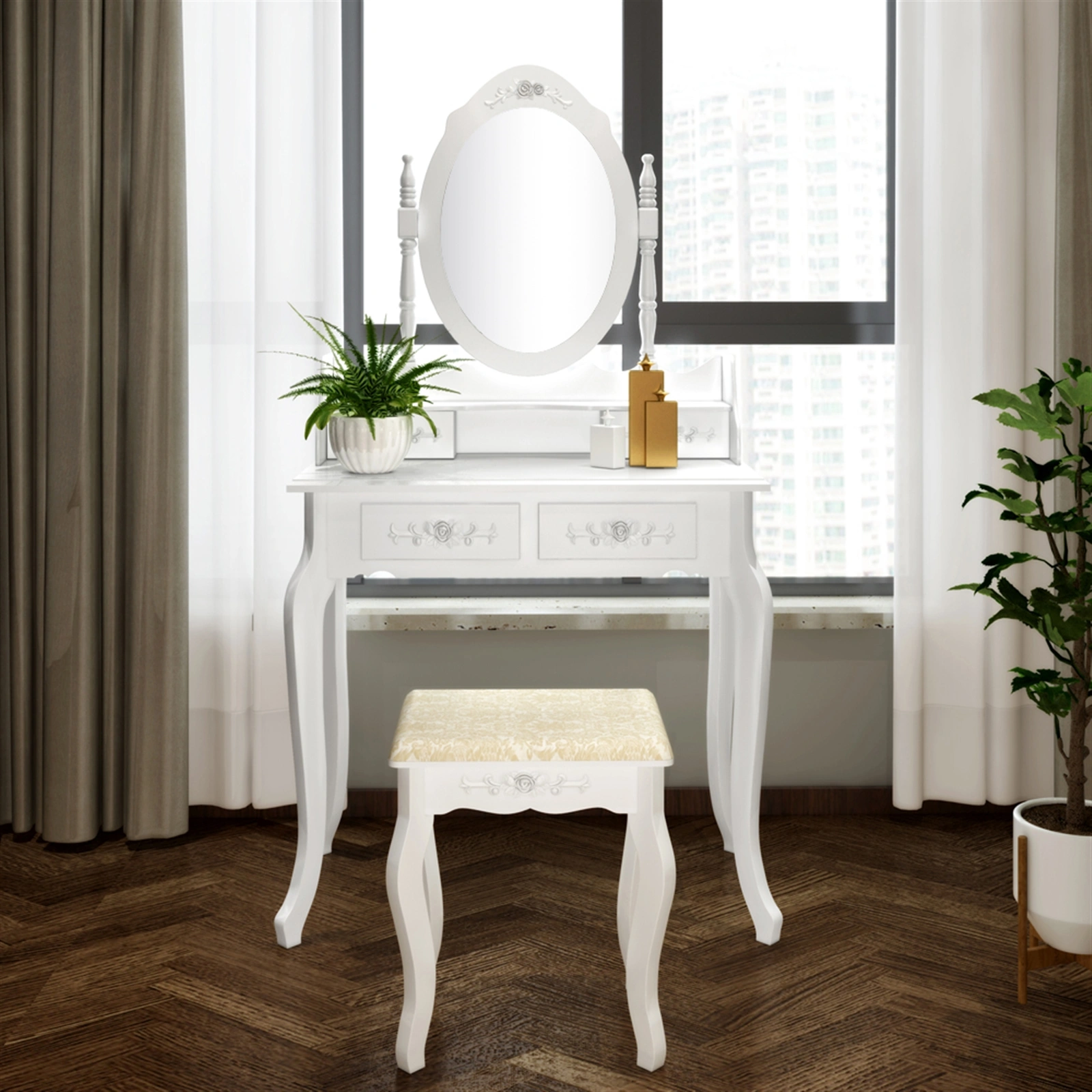 Modern White 4-Drawer Dresser with Removable Mirror, 360° Rotating Design, Bedroom Vanity Table - Model 32759839