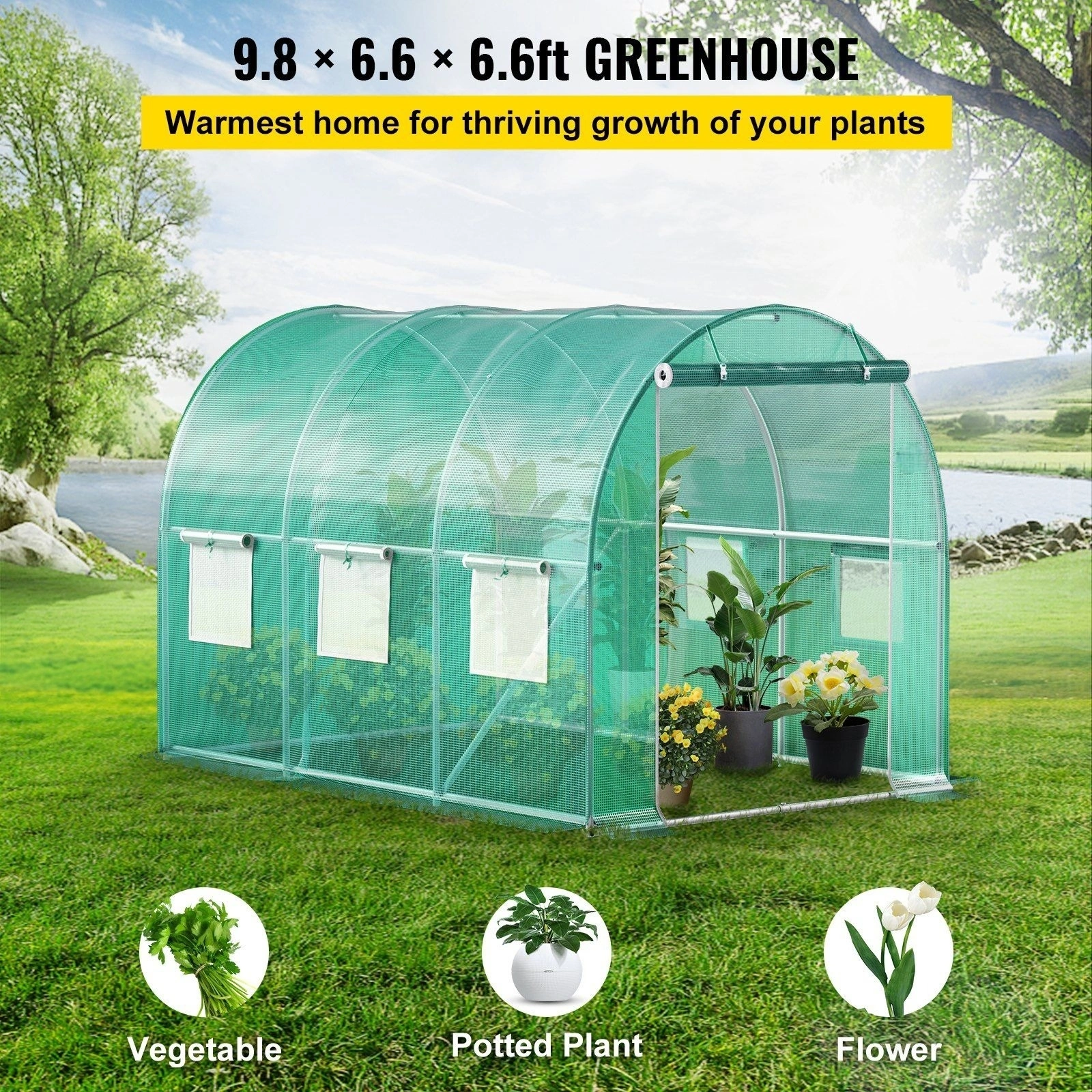 8x6.6x6.6ft Walk-in Tunnel Greenhouse, Portable Plant Shelter, Galvanized Steel Frame, Zippered Door, 6 Roll-up Windows, Diagonal Poles, Green view 2