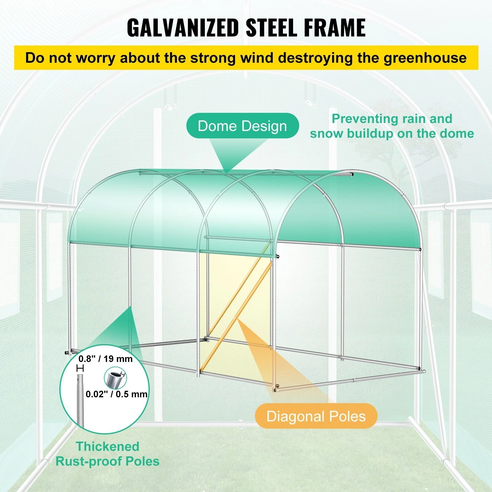 8x6.6x6.6ft Walk-in Tunnel Greenhouse, Portable Plant Shelter, Galvanized Steel Frame, Zippered Door, 6 Roll-up Windows, Diagonal Poles, Green view 3
