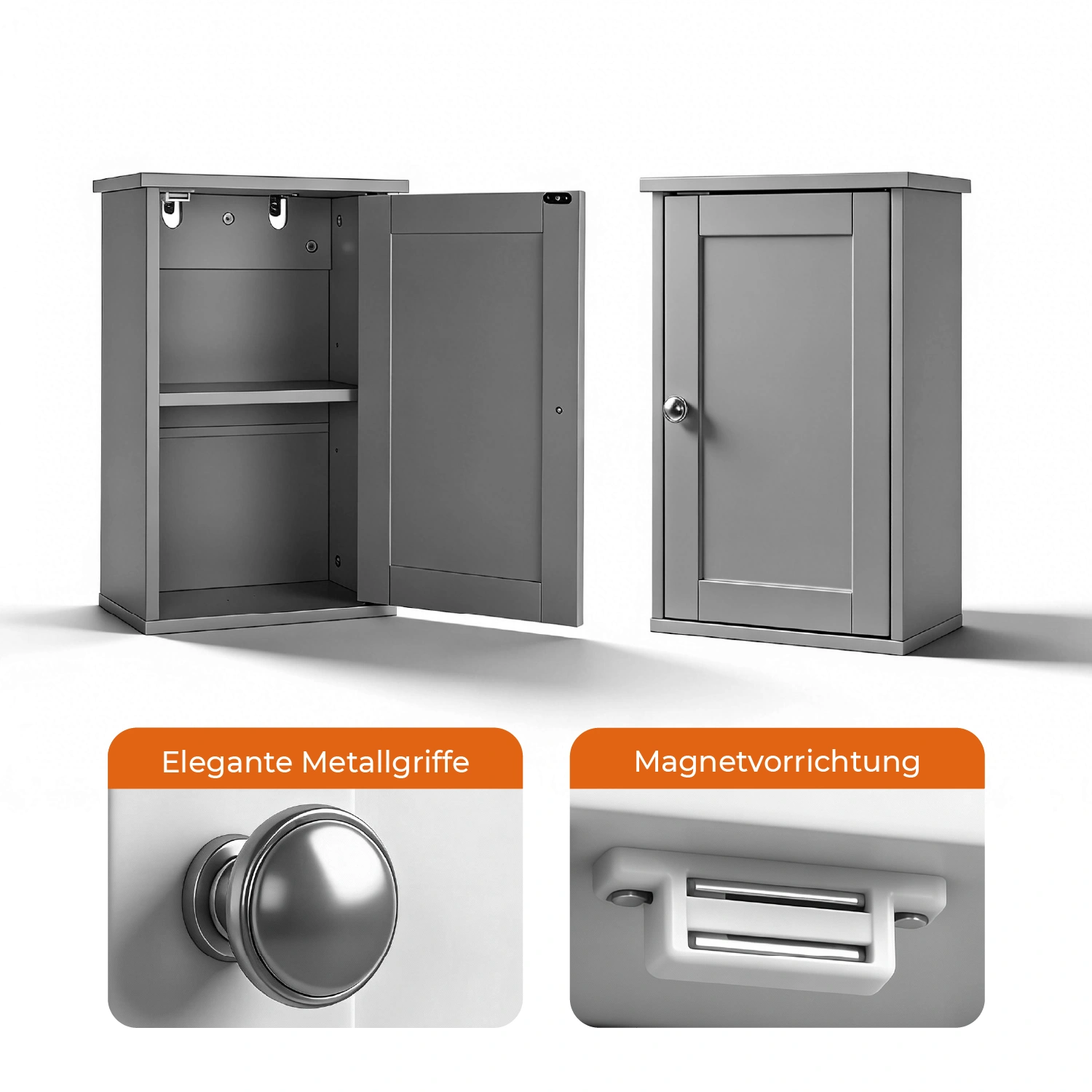 Gray P2 MDF painted finish, 34.6*20*50cm, single door with one shelf, bathroom vanity view 2