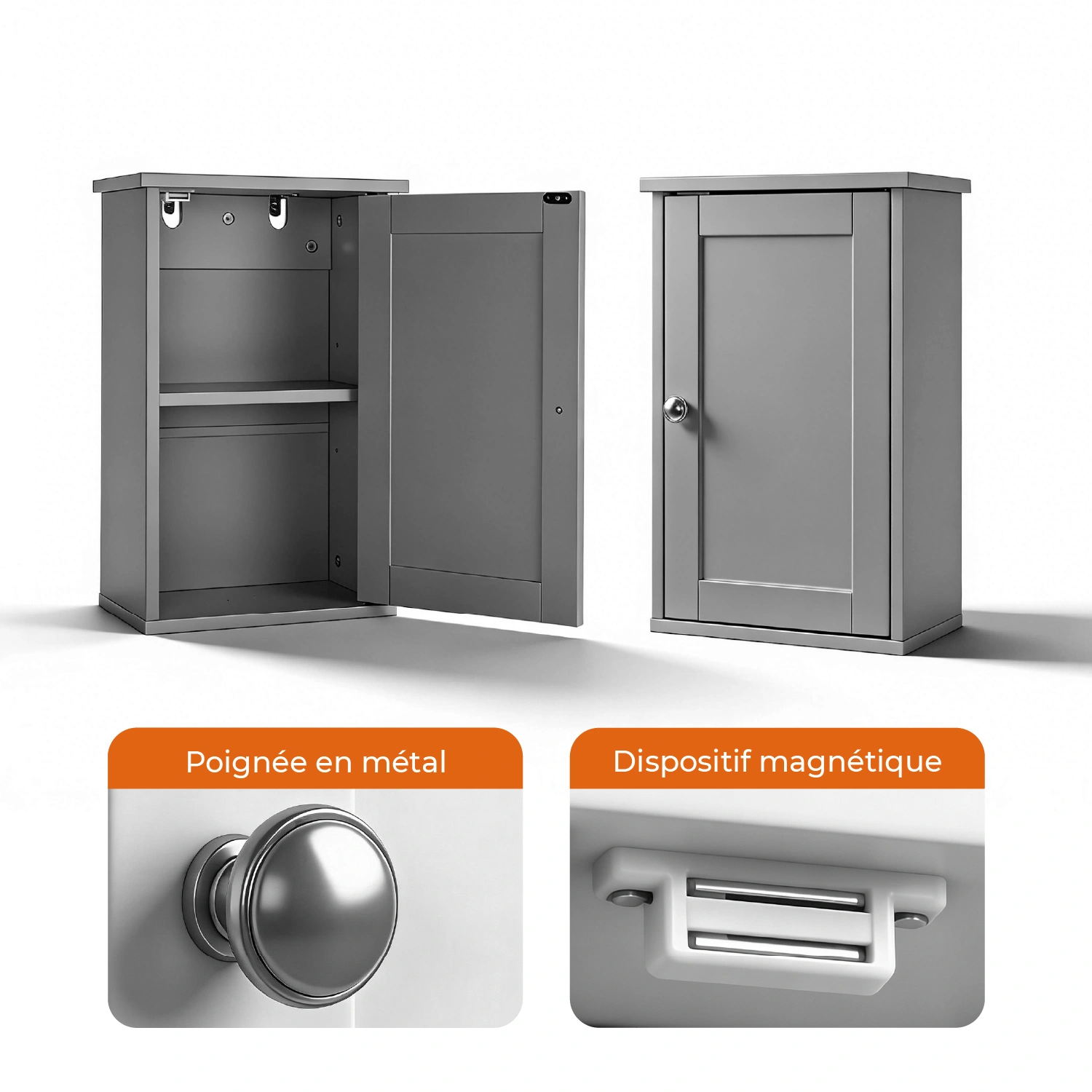 Gray P2 MDF painted finish, 34.6*20*50cm, single door with one shelf, bathroom vanity view 3