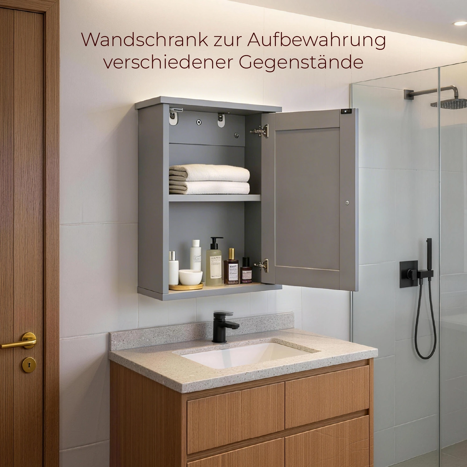Gray P2 MDF painted finish, 34.6*20*50cm, single door with one shelf, bathroom vanity view 5