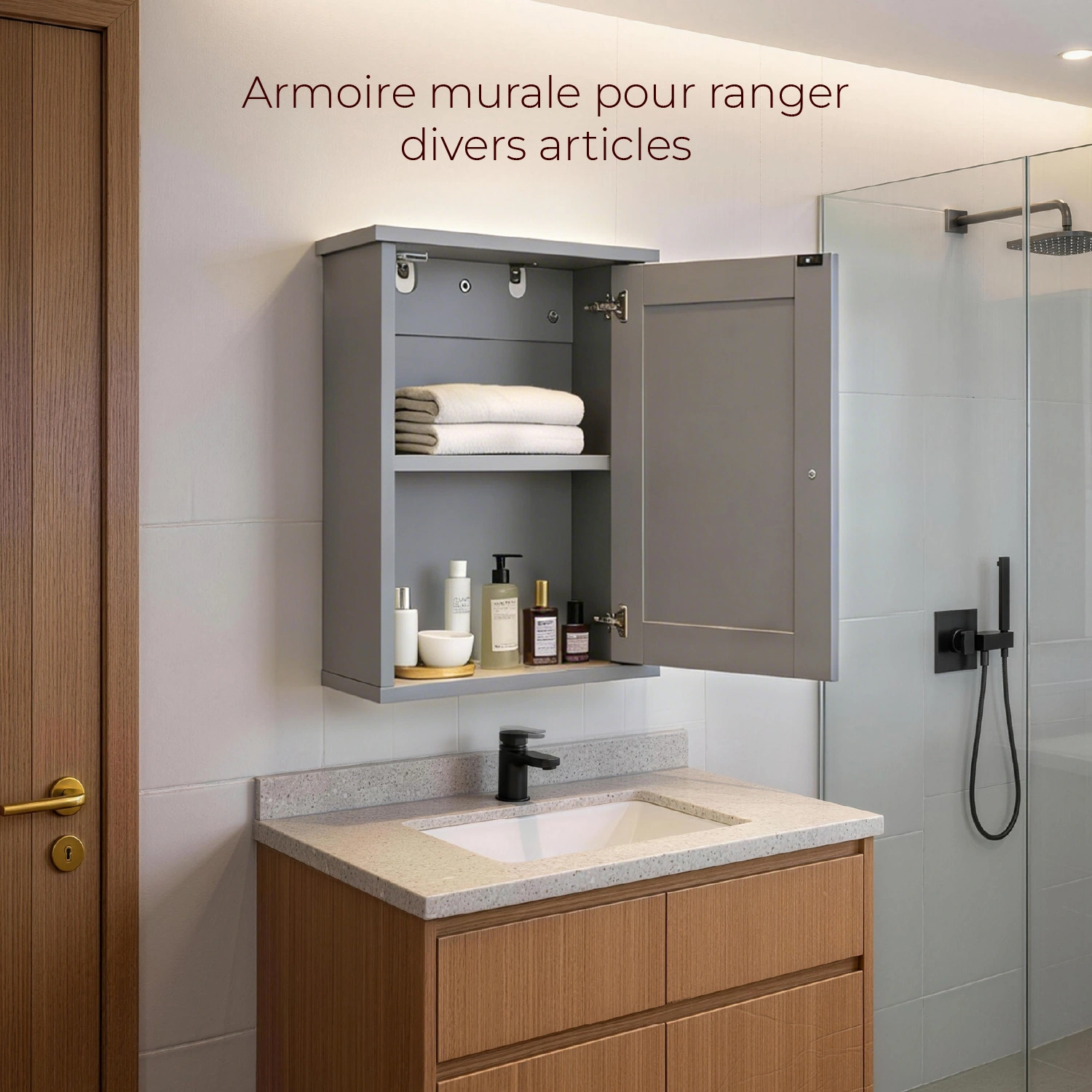 Gray P2 MDF painted finish, 34.6*20*50cm, single door with one shelf, bathroom vanity view 6