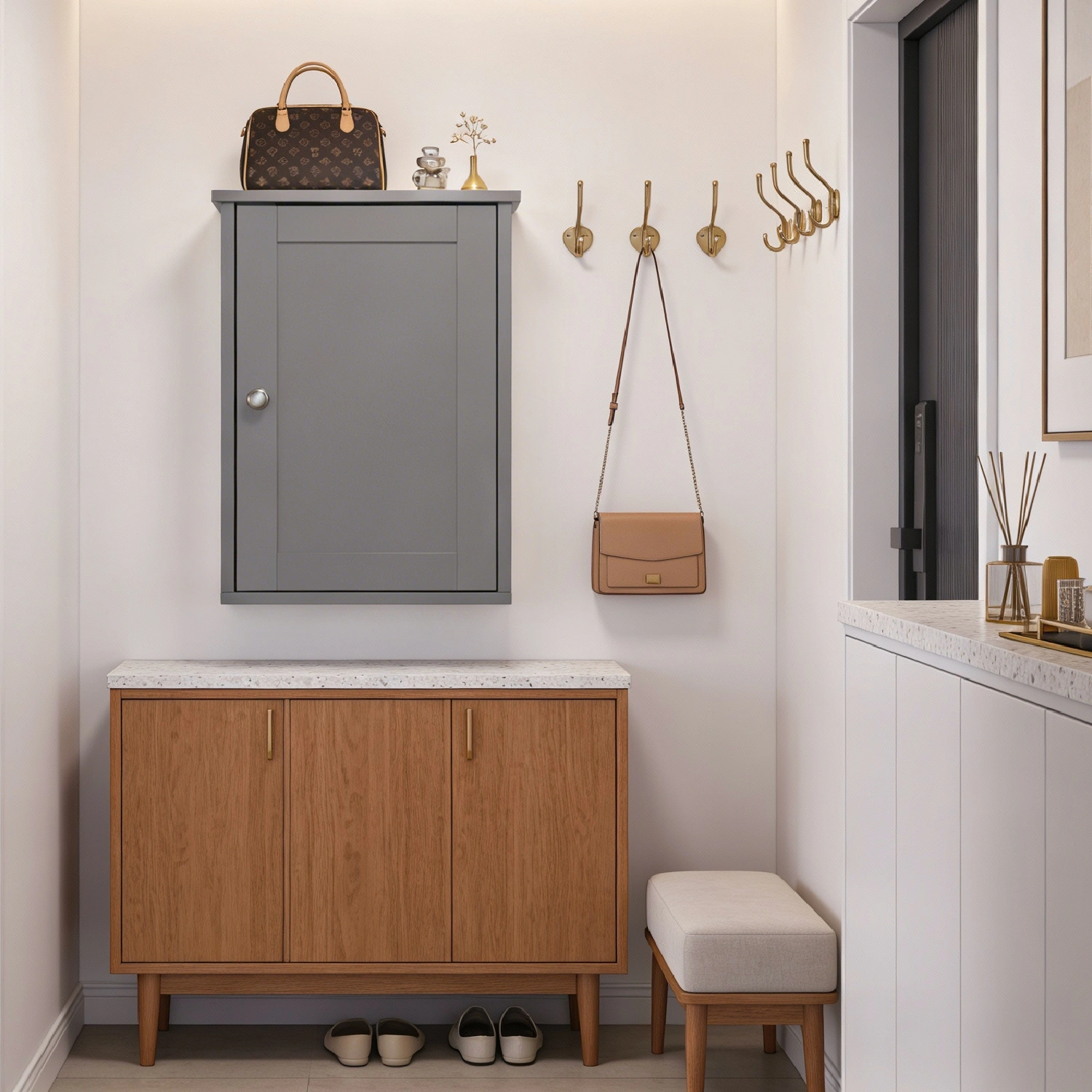 Gray P2 MDF painted finish, 34.6*20*50cm, single door with one shelf, bathroom vanity view 8