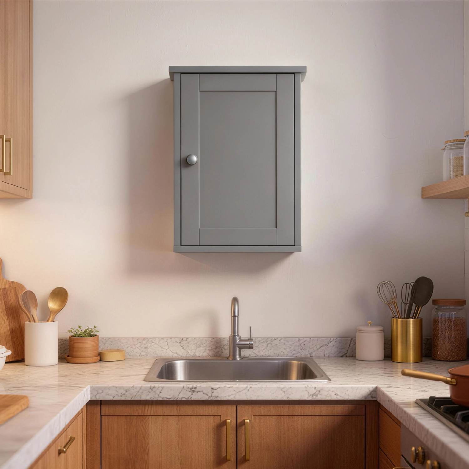 Gray P2 MDF painted finish, 34.6*20*50cm, single door with one shelf, bathroom vanity view 9