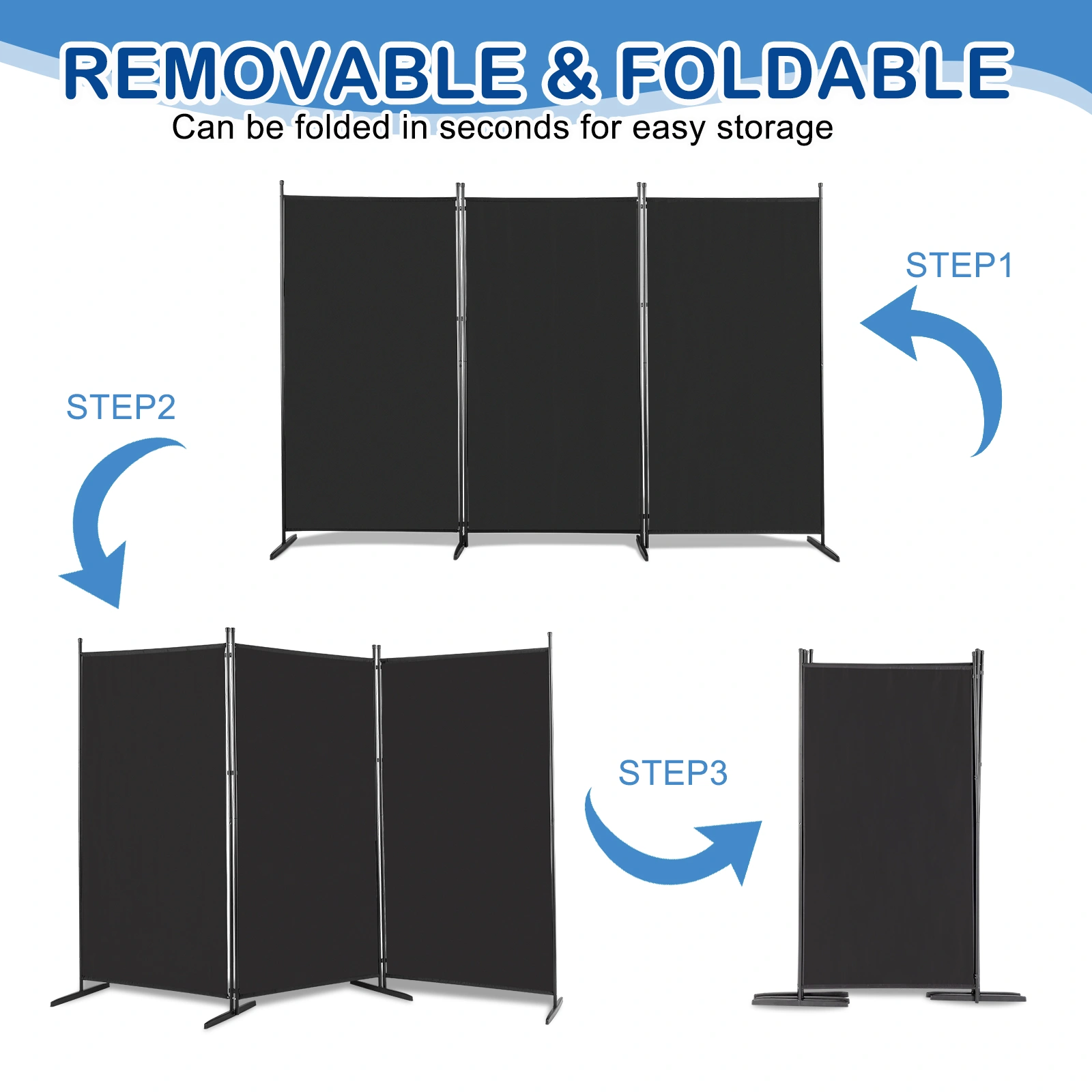 6FT Trifold 160g Polyester Fabric Plastic Foot Carbon Steel Frame Foldable Screen Black view 4