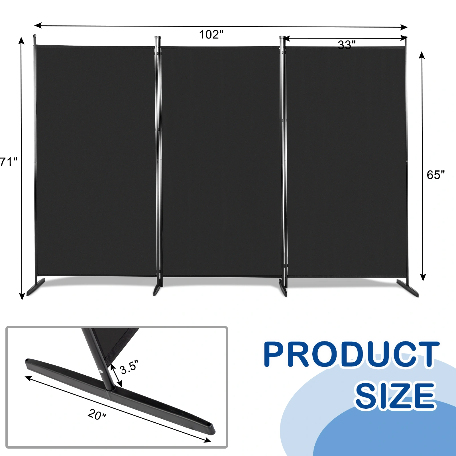 6FT Trifold 160g Polyester Fabric Plastic Foot Carbon Steel Frame Foldable Screen Black view 6