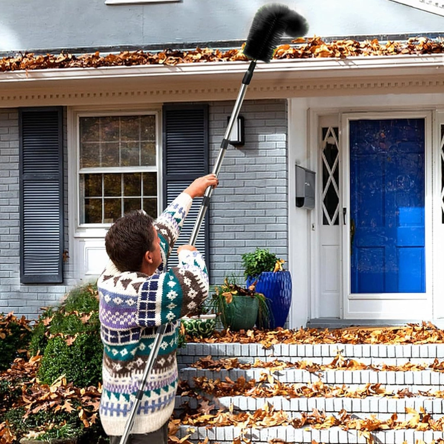 10.5FT Gutter Cleaning Brush With Telescoping Handle Rain Gutter Cleaner Extendable Gutter Cleaning Tool From The Ground with 2 Angled Brushes Anti-slip Gloves Goggles view 4
