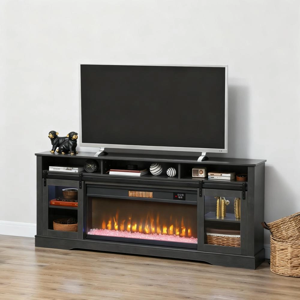 Modern TV Stand Cabinet with Storage Shelf, Media Console for Living Room, Black Wood Grain Finish view 2