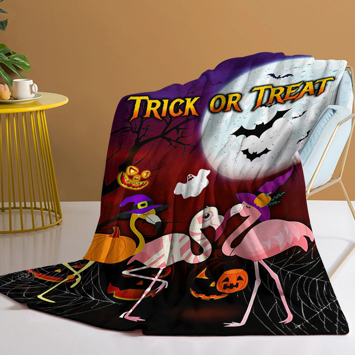 Halloween Cartoon Flamingo Flannel Blanket 60x80, Soft Lightweight Travel Blanket for Sofa Bed Office, Four Season Gift