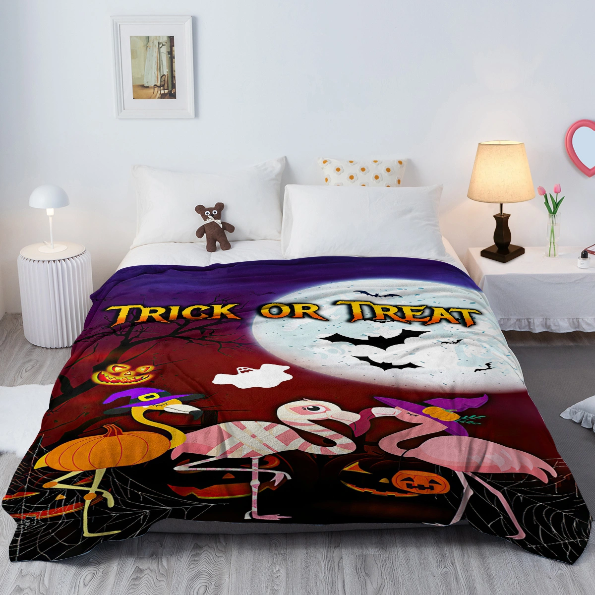 Halloween Cartoon Flamingo Flannel Blanket 60x80, Soft Lightweight Travel Blanket for Sofa Bed Office, Four Season Gift view 7