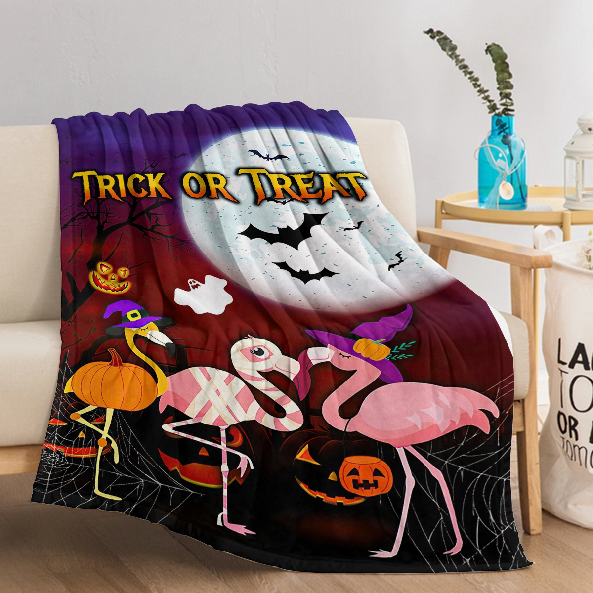 Halloween Cartoon Flamingo Flannel Blanket 60x80, Soft Lightweight Travel Blanket for Sofa Bed Office, Four Season Gift view 9