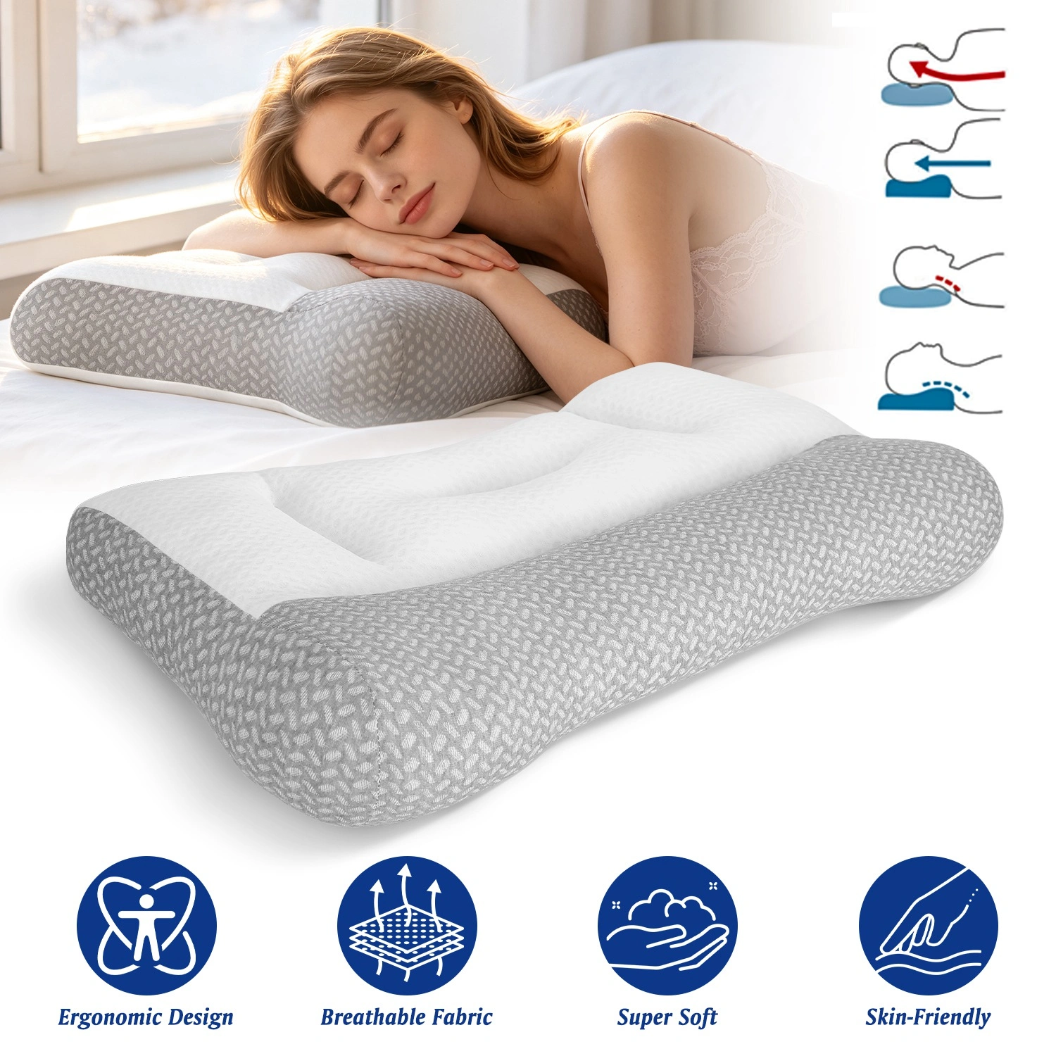 Ergonomic Sleep Pillow with Ear Slot, Dual-Sided High-Low Zoned Support, Breathable Mesh, Down Alternative Fiber Fill for Side Back Belly Sleepers