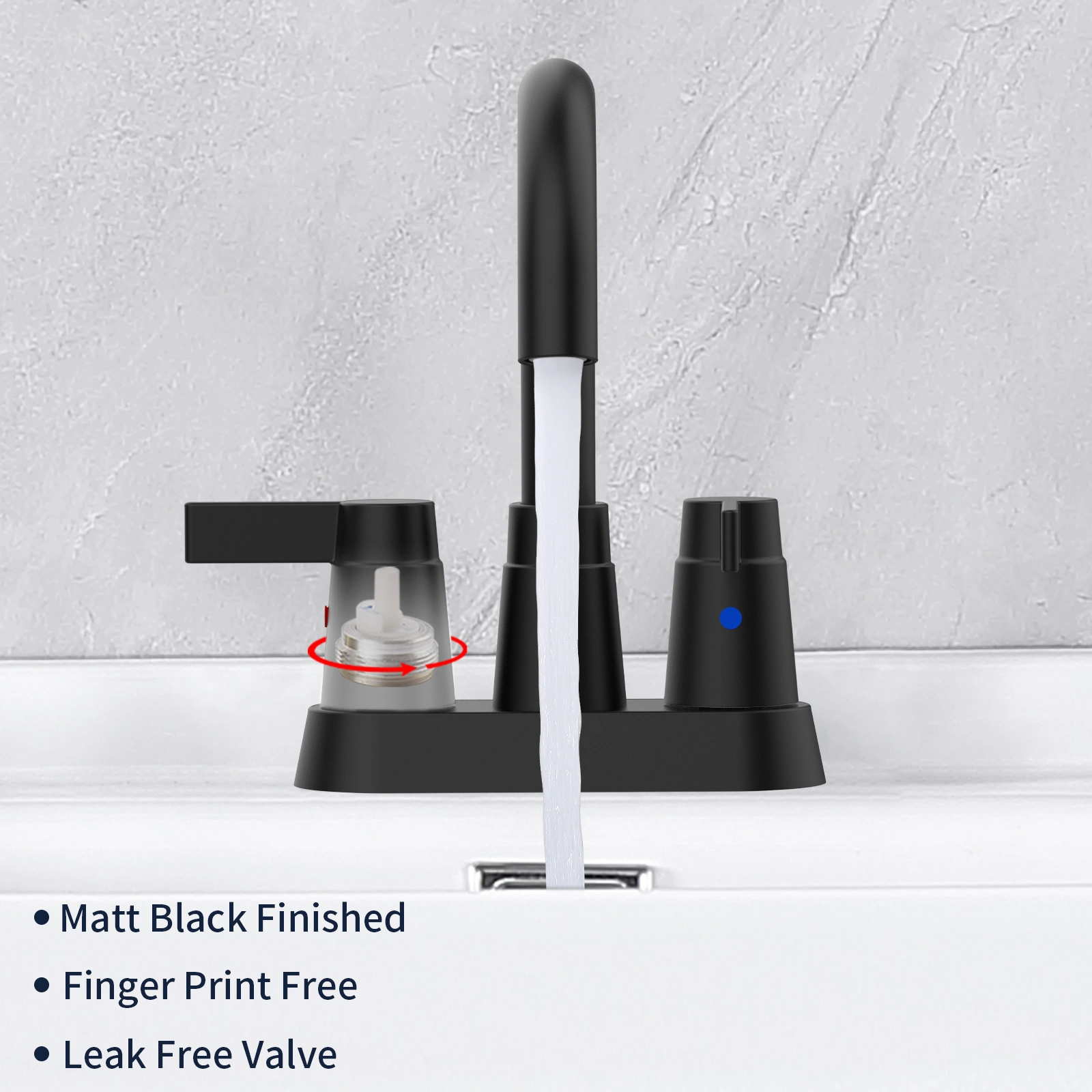Matte Black 2-Handle Bathroom Sink Faucet 360 High Arc Swivel Spout Centerset 4 Inch 3-Hole Vanity Faucet view 2