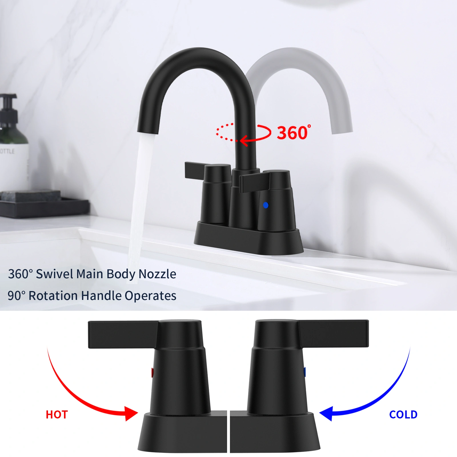 Matte Black 2-Handle Bathroom Sink Faucet 360 High Arc Swivel Spout Centerset 4 Inch 3-Hole Vanity Faucet view 3