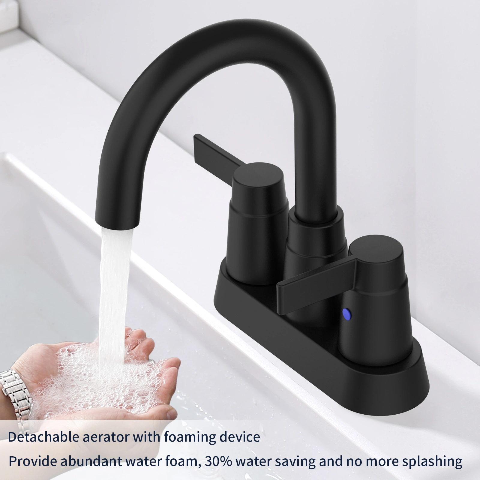 Matte Black 2-Handle Bathroom Sink Faucet 360 High Arc Swivel Spout Centerset 4 Inch 3-Hole Vanity Faucet view 4