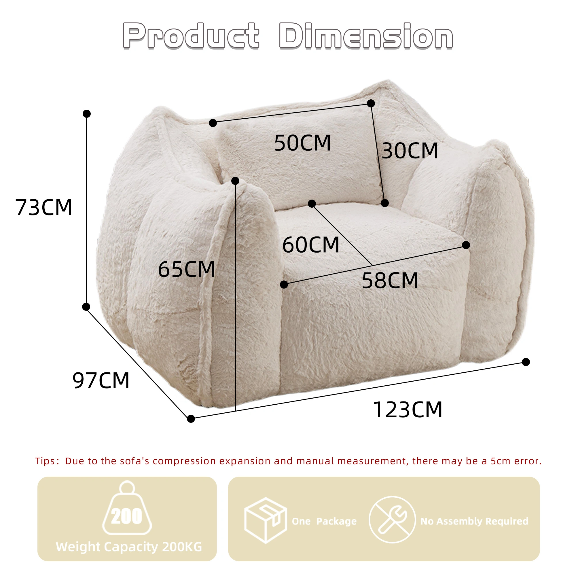 Giant Faux Fur Bean Bag Chair with Pillow,Large Floor Sofa Comfy Seating for Living Room Bedroom,No Assembly Required Beige view 3