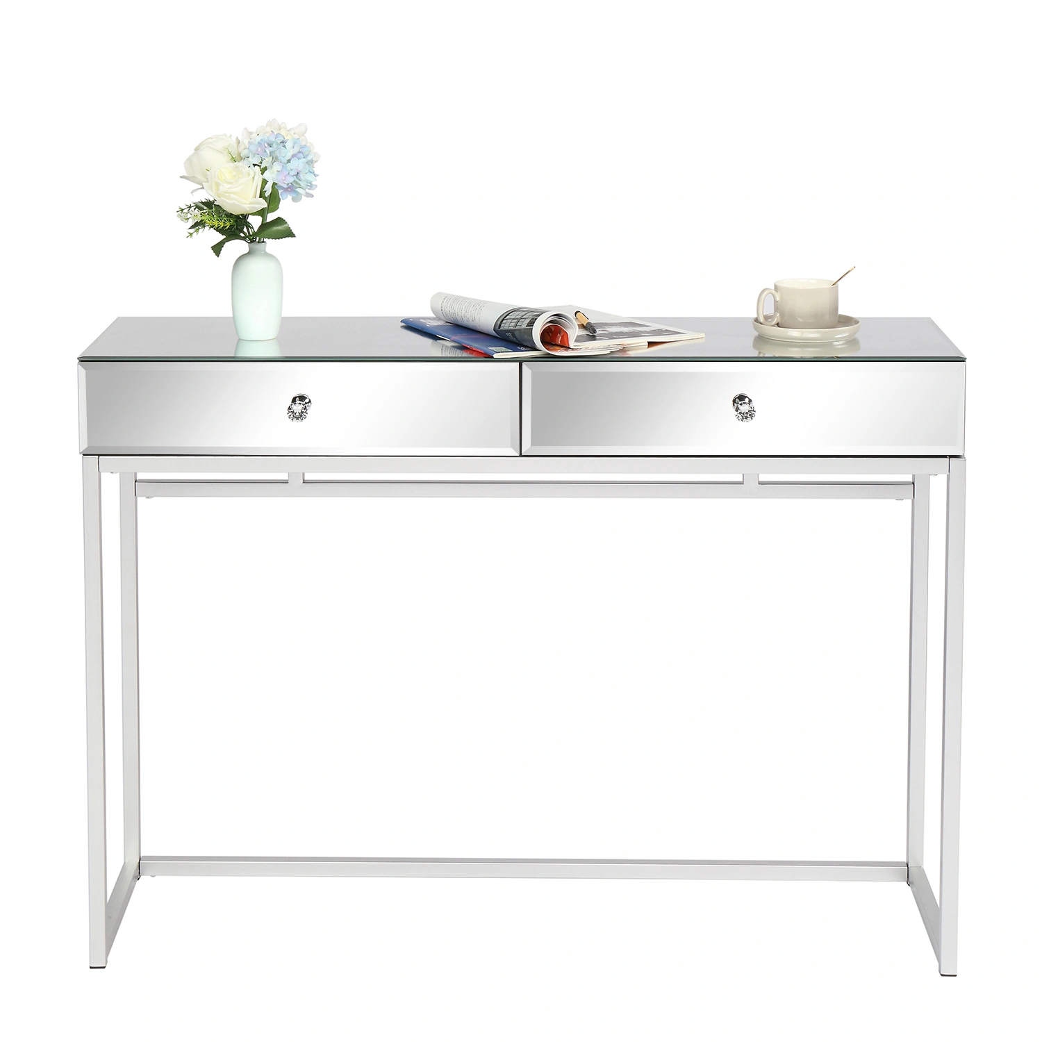 Modern MDF Computer Desk with Mirror Panel, 2 Drawers, Iron Frame, 107 x 30.6 x 76 cm, Silver Office Writing Table