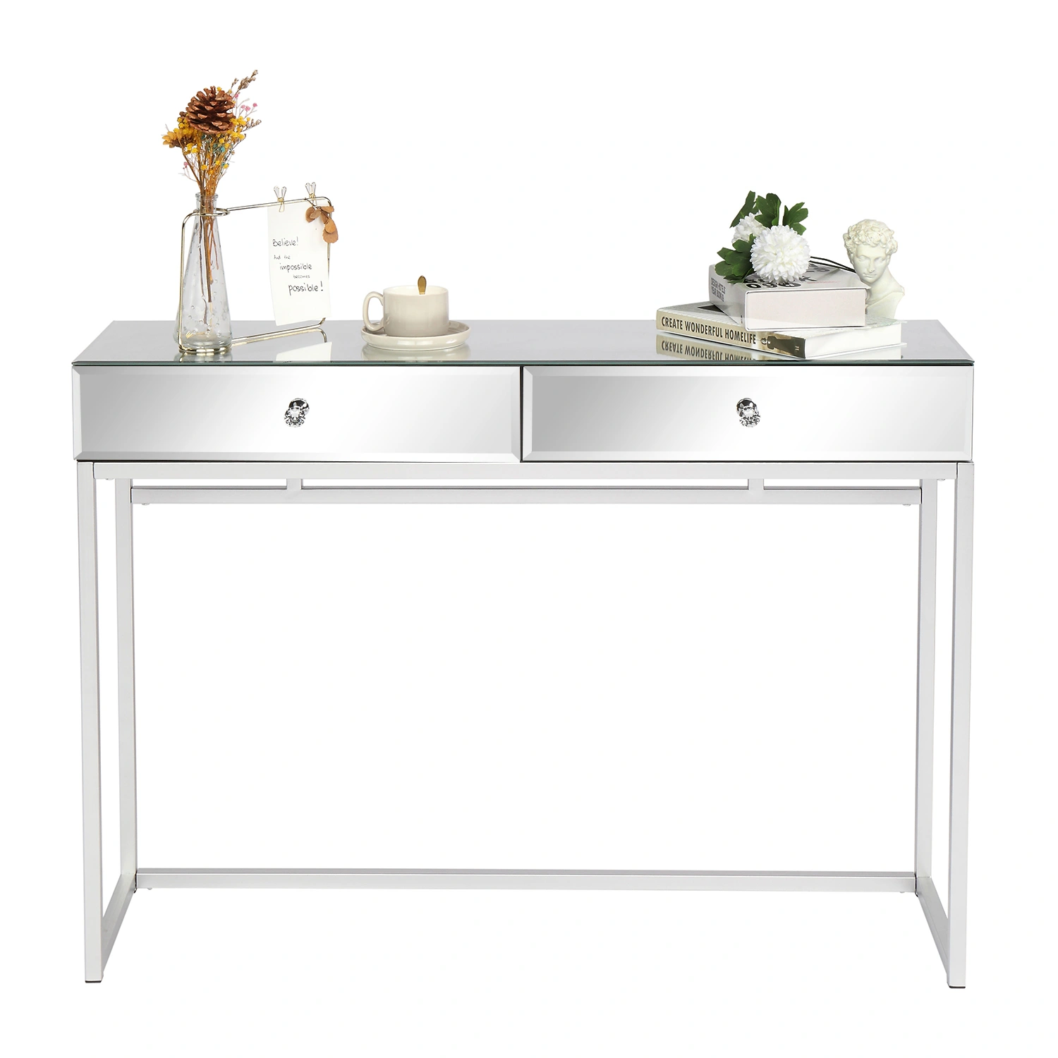 Modern MDF Computer Desk with Mirror Panel, 2 Drawers, Iron Frame, 107 x 30.6 x 76 cm, Silver Office Writing Table view 3