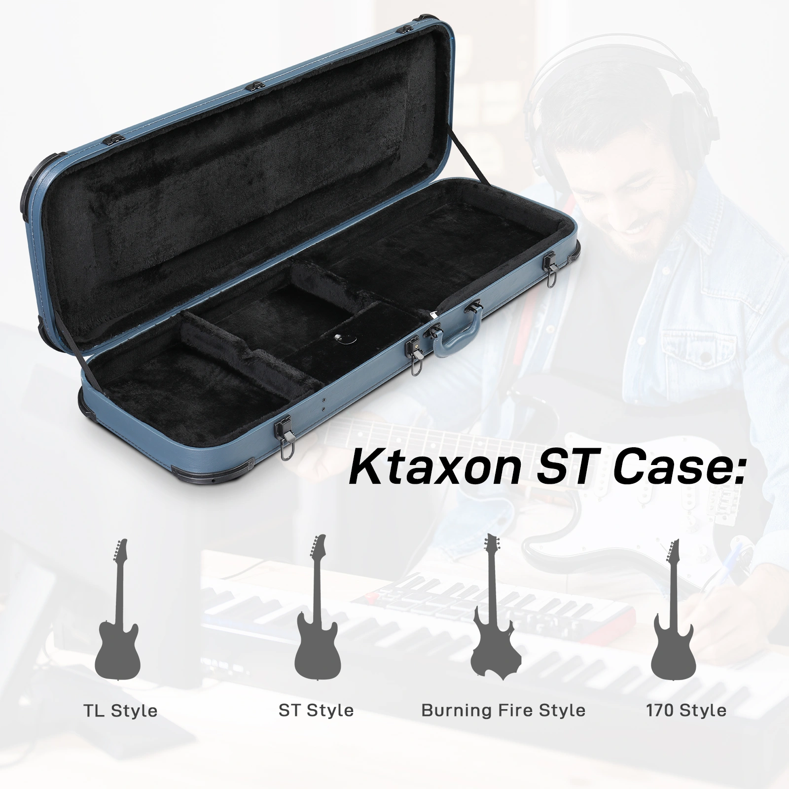 Blue Electric Guitar Hard Case Square PU with Protective Sleeve - Fits ST TL Style Burning Fire 170 view 13