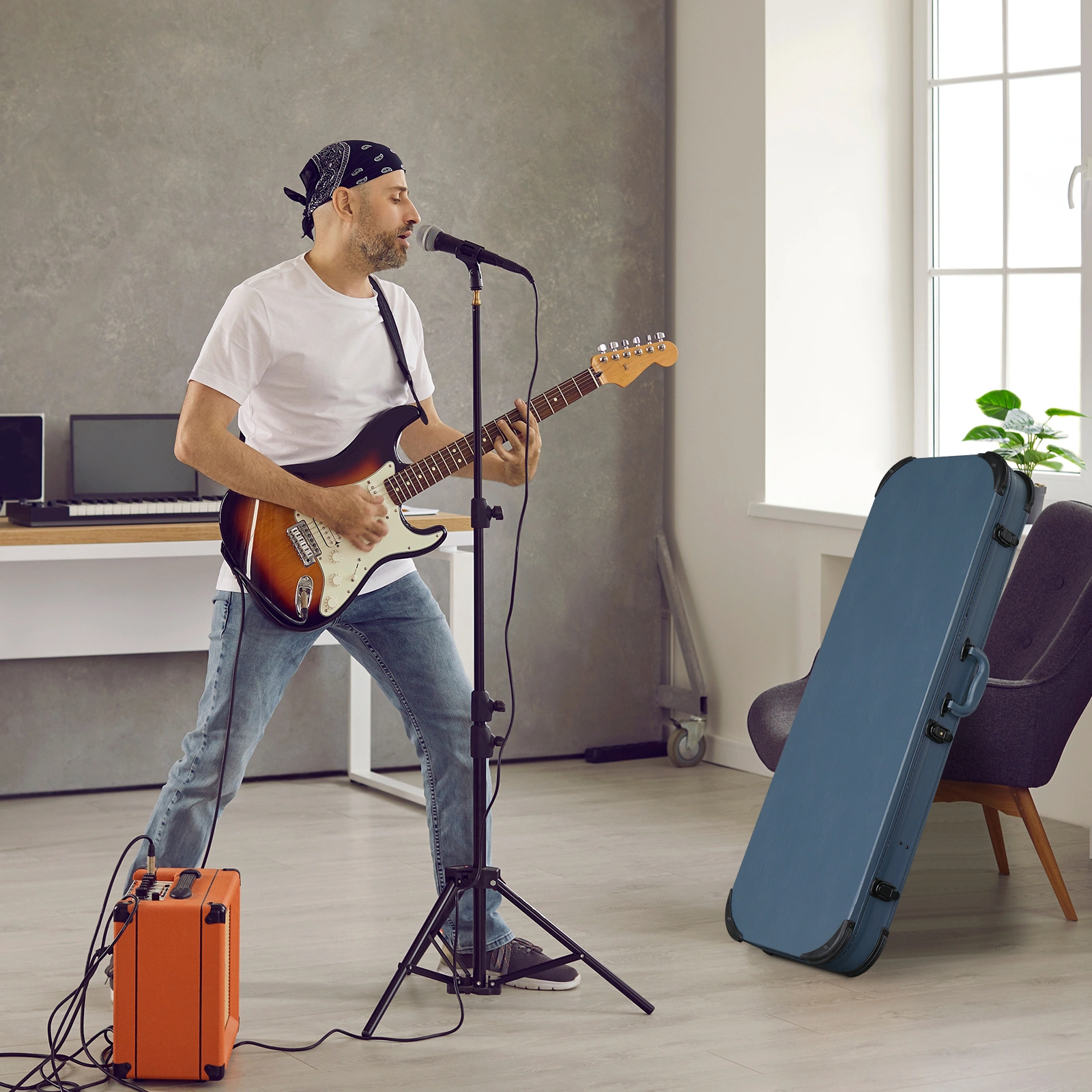 Blue Electric Guitar Hard Case Square PU with Protective Sleeve - Fits ST TL Style Burning Fire 170 view 6