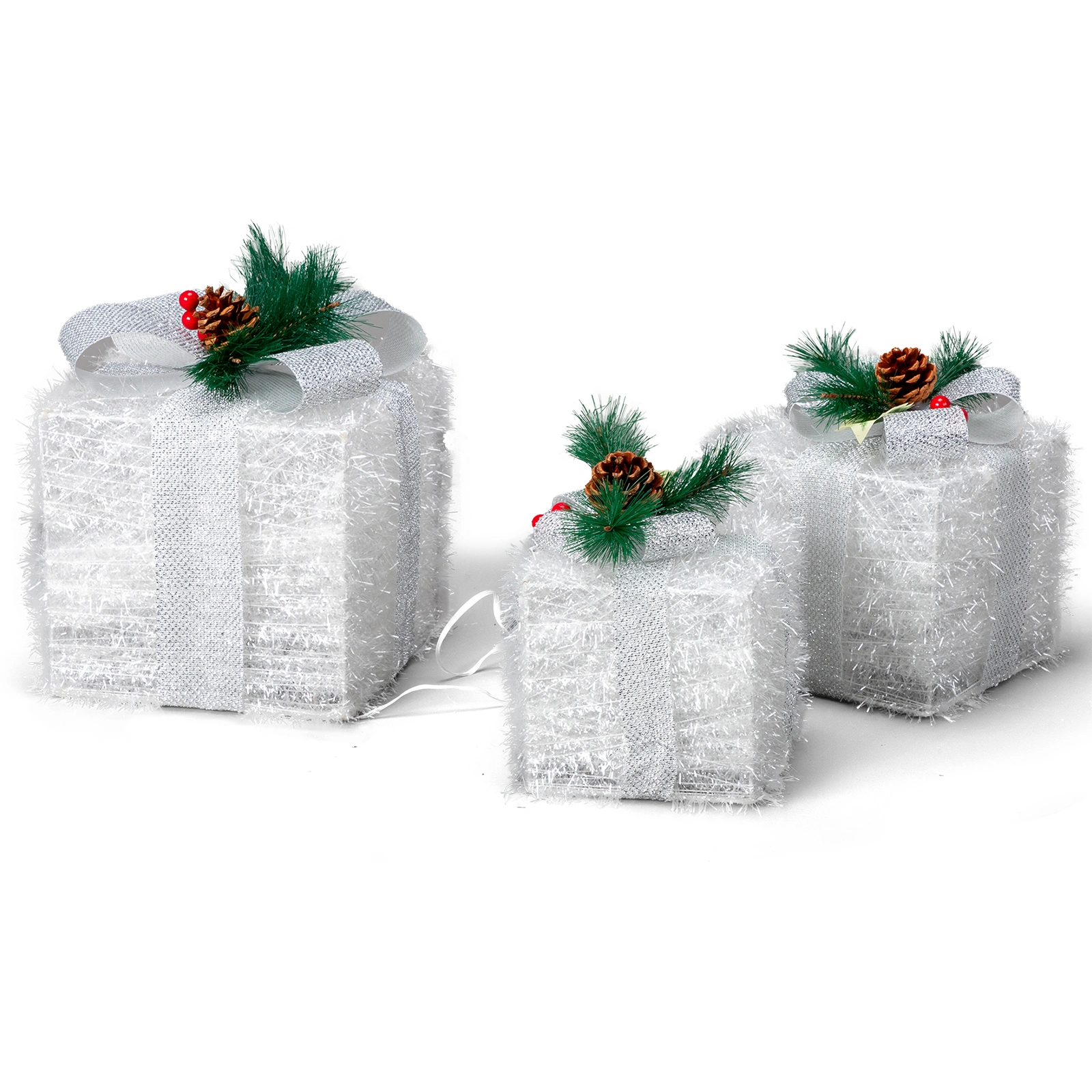 3 Pack Lighted Gift Boxes Set Pre-lit Nestable Glitter Present Boxes 48 LED Multi-color with Stakes Battery Powered Christmas Outdoor Indoor Holiday Display Decor view 2