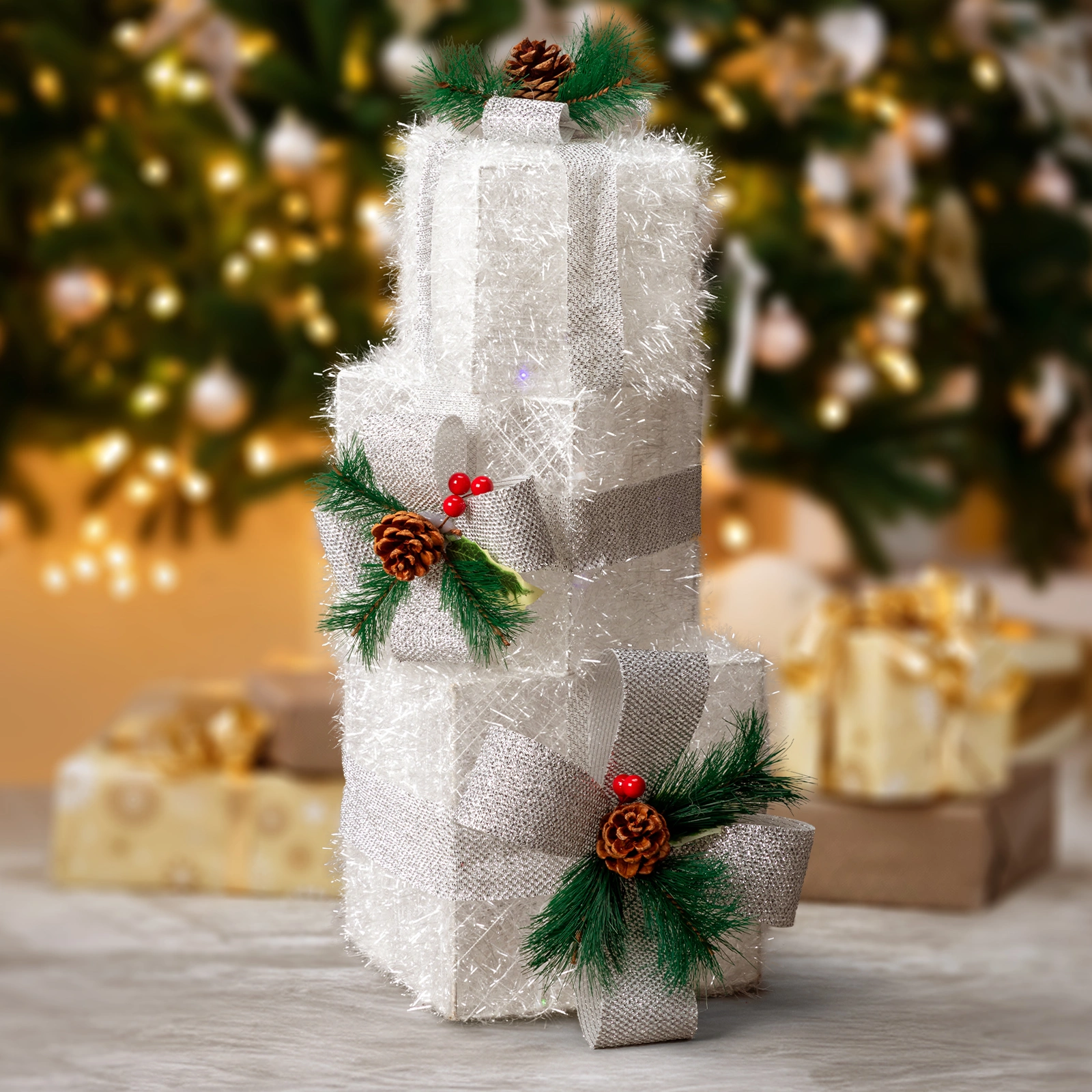3 Pack Lighted Gift Boxes Set Pre-lit Nestable Glitter Present Boxes 48 LED Multi-color with Stakes Battery Powered Christmas Outdoor Indoor Holiday Display Decor view 3