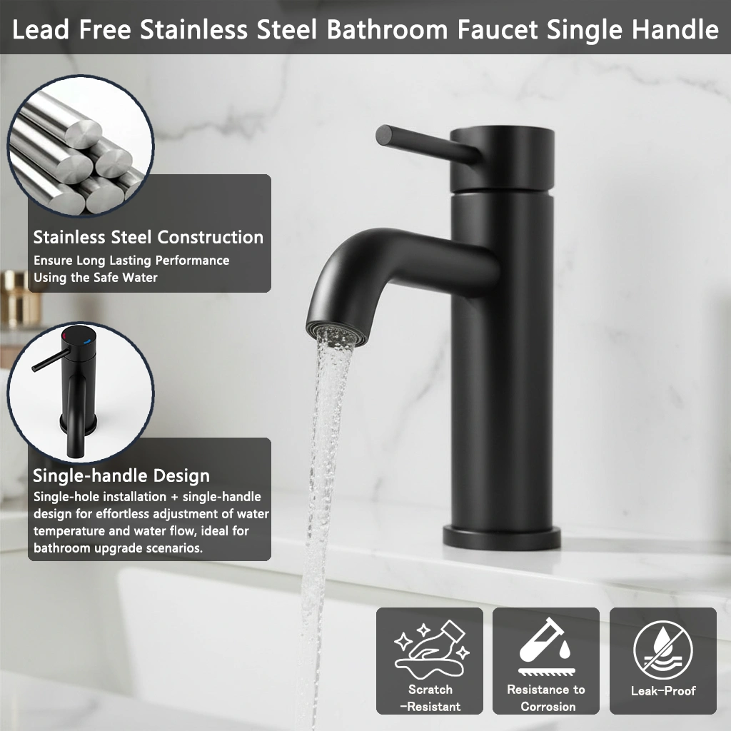 Matte Black Single Handle Bathroom Faucet, Stainless Steel Lavatory Faucet, Single Hole Mount, Model T10 view 3