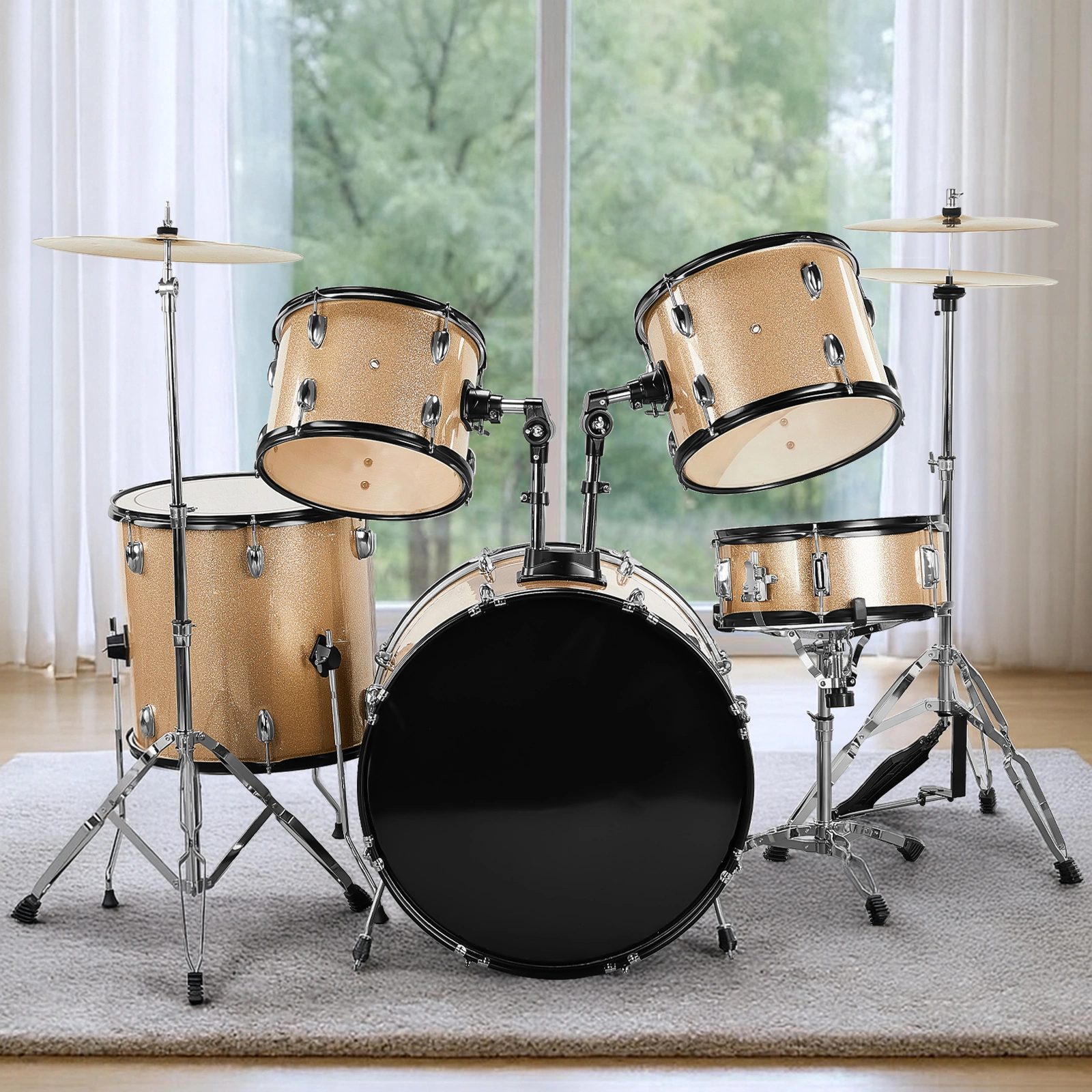 Full Size Adult Drum Set 5-Piece Champagne with Bass Drum, two Tom Drum, Snare Drum, Floor Tom, 16" Ride Cymbal, 14" Hi-hat Cymbals, Stool, Drum Pedal, Sticks view 3