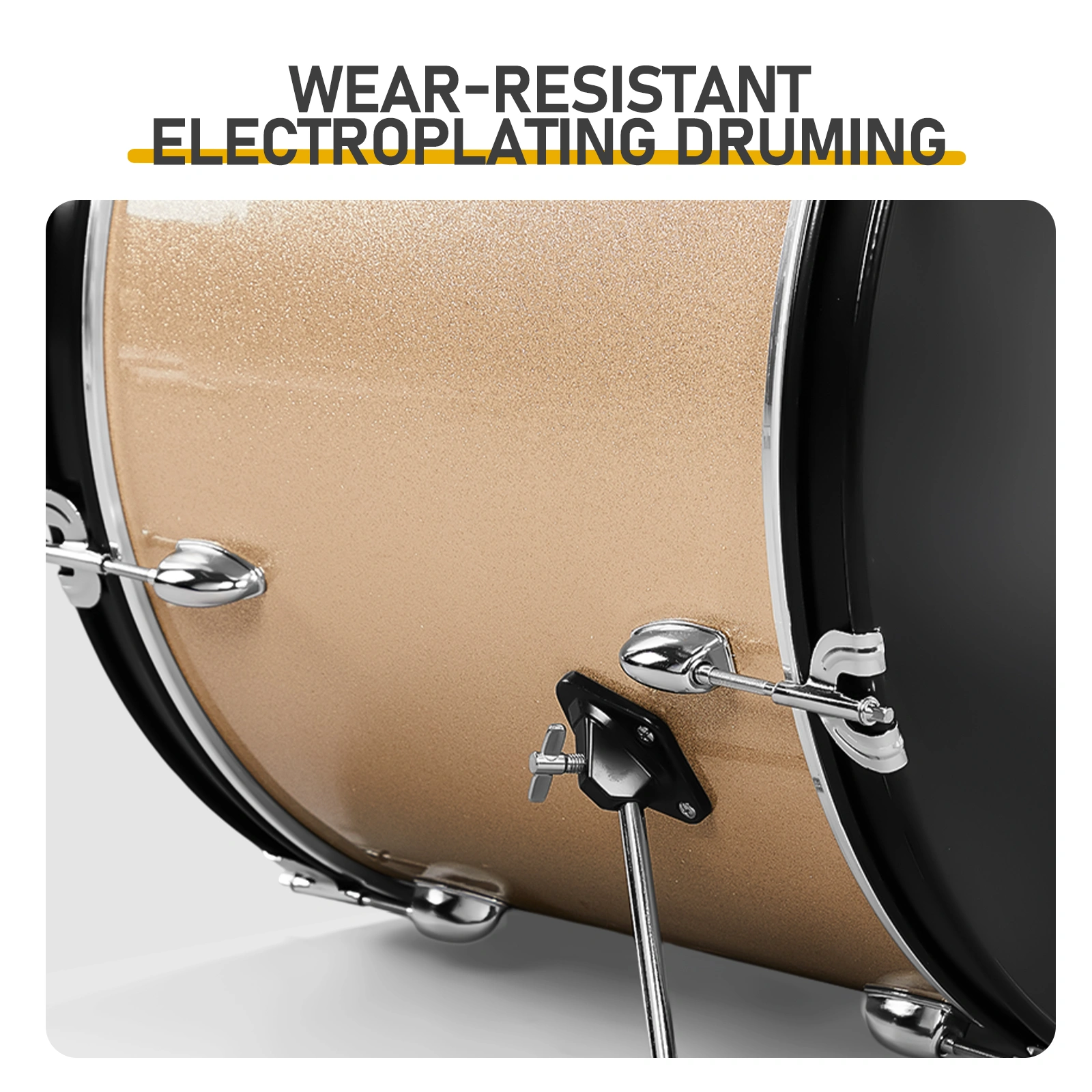 Full Size Adult Drum Set 5-Piece Champagne with Bass Drum, two Tom Drum, Snare Drum, Floor Tom, 16" Ride Cymbal, 14" Hi-hat Cymbals, Stool, Drum Pedal, Sticks view 8