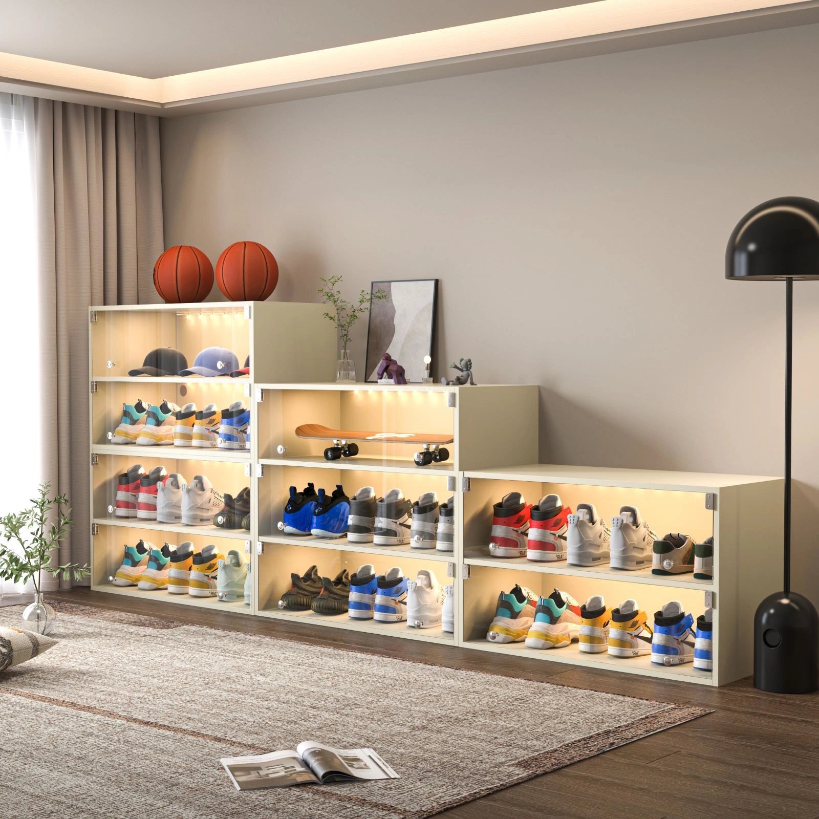 Off White Glass Door Shoe Storage Cabinet with RGB LED Light - Sneaker Display Box Organizer, 1 Piece view 4