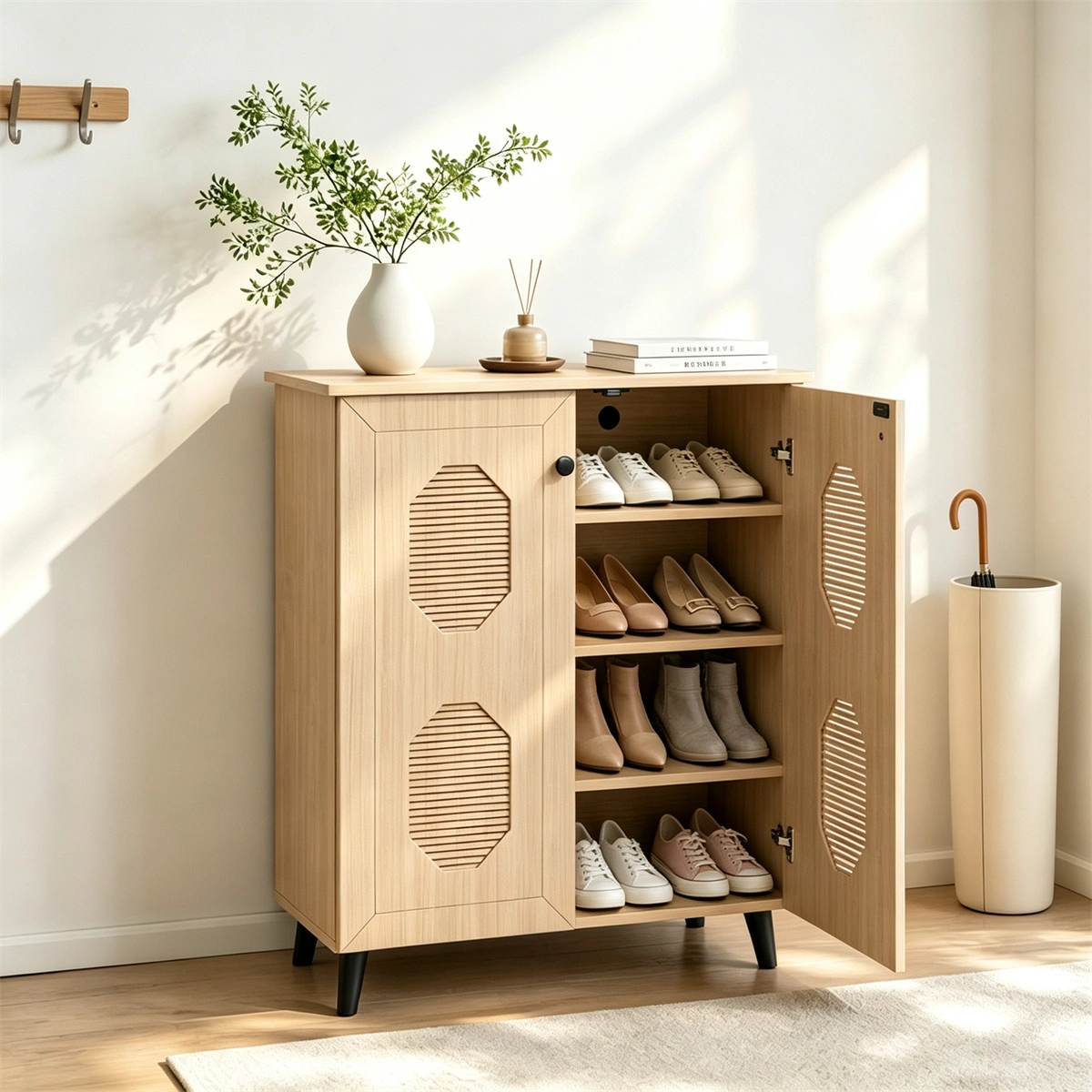 Closed Entryway Shoe Storage Cabinet, Natural Finish Engineered Wood Narrow Shoe Organizer Cabinet with Anti‑Toppling Device, Multi‑Shelf Hidden Shoe Rack for Hallway Foyer Apartment Compact Space view 6
