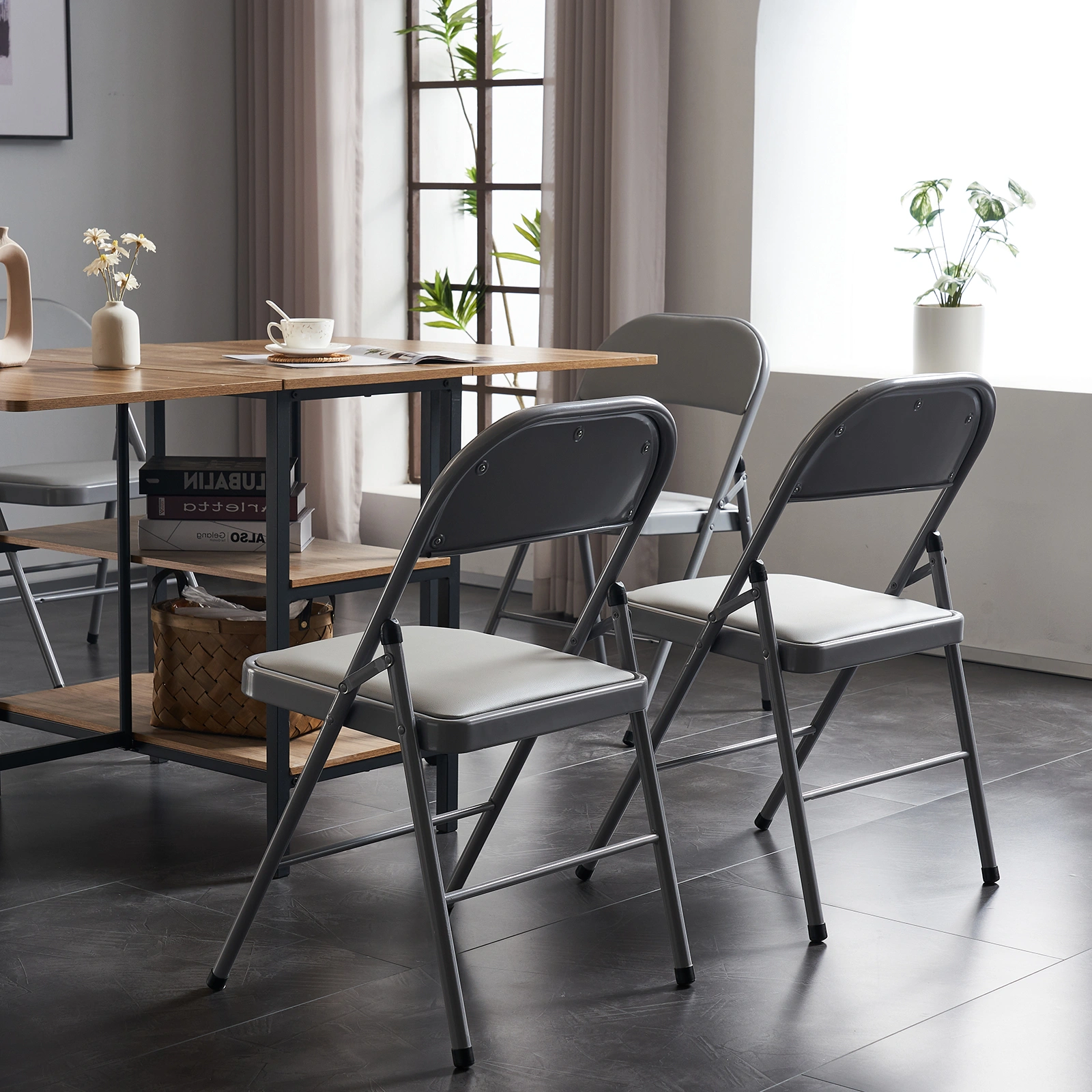 4pcs Elegant Foldable Iron & PVC Chairs for Convention & Exhibition Gray view 36