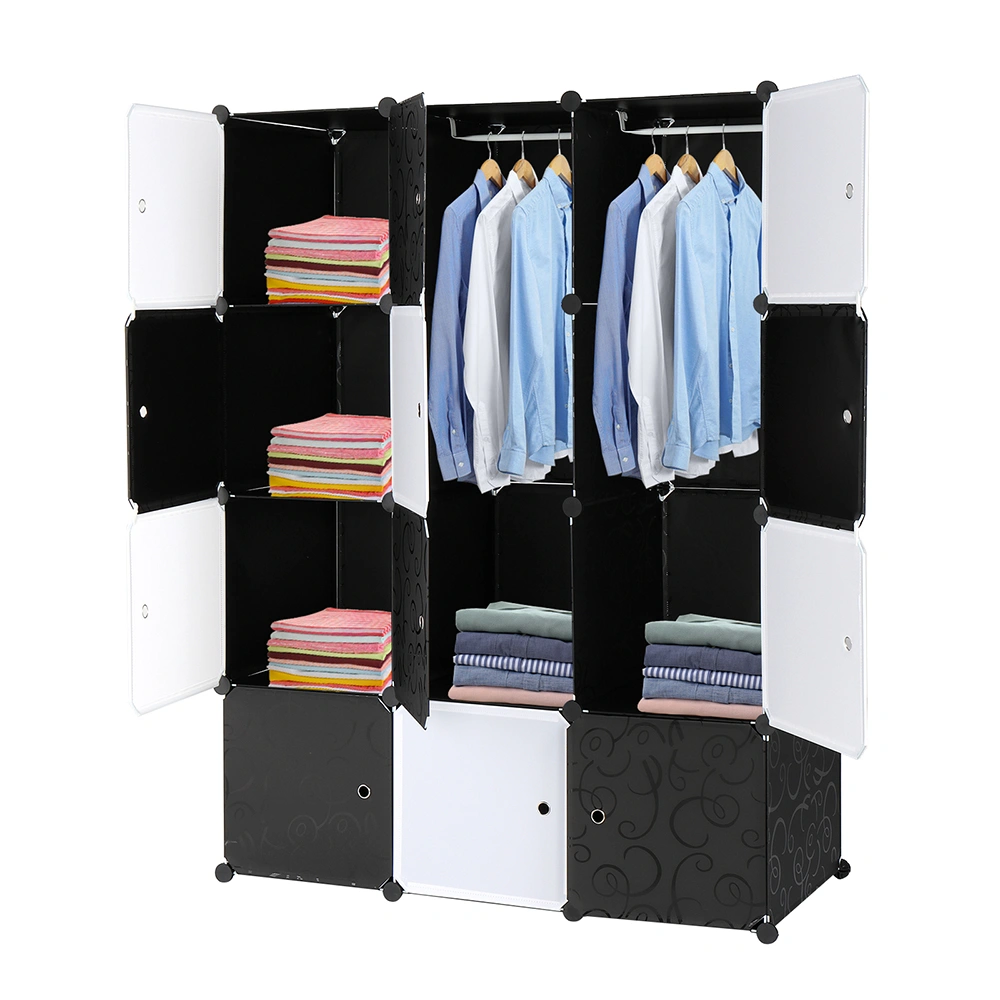 12-Cube Organizer Stackable Plastic Storage Shelves, Modular Closet Cabinet with Hanging Rod, Black & White view 2