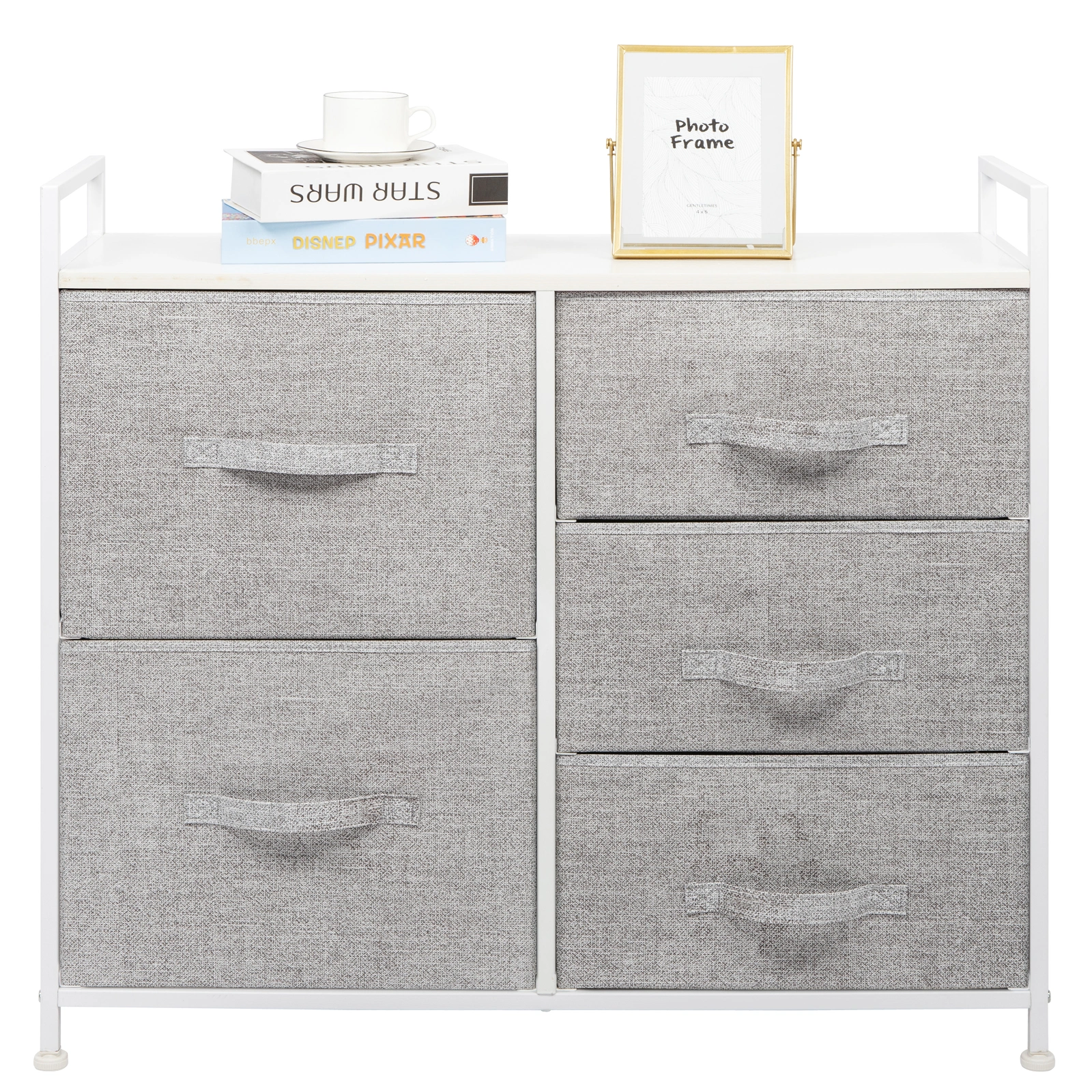 3-Tier Non-Woven Storage Cabinet with 2 Large & 3 Small Compartments | Solid Wood Handles | Iron Frame Wooden Board 83x30x77cm | White Panel Light Gray Drawer White Frame N001 view 3